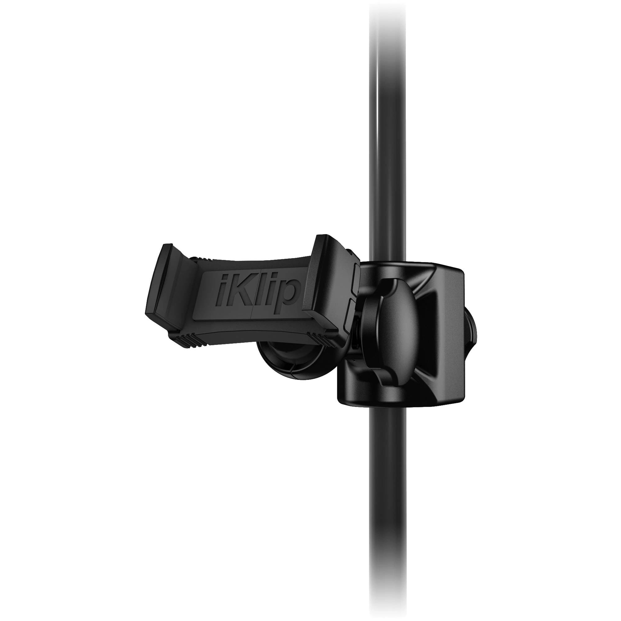 IK Multimedia iKlip Xpand Mini Universal Phone Mic Stand Mount front view, showing its adjustable gripping mechanism designed to securely hold a smartphone on a microphone stand.