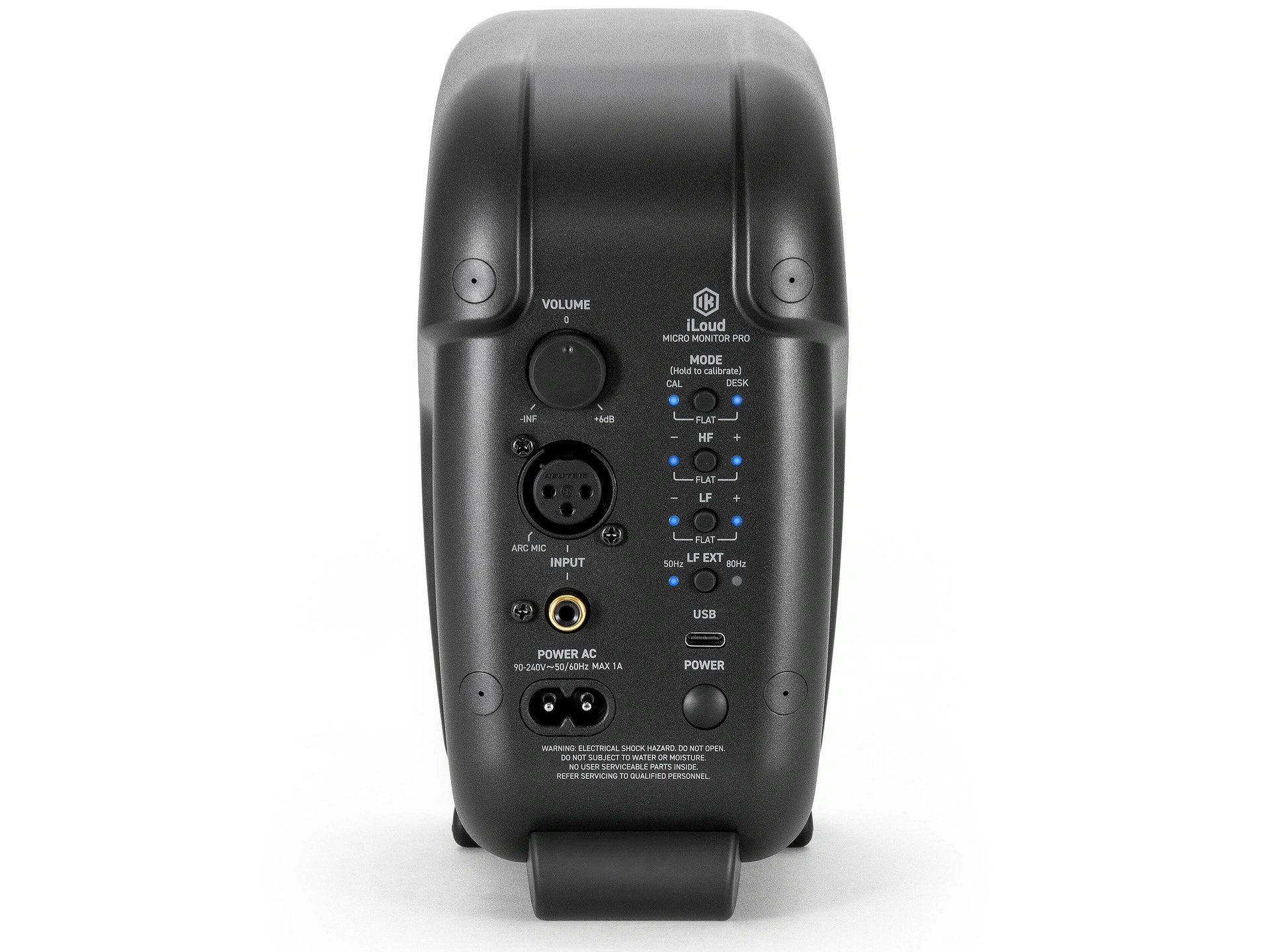 IK Multimedia iLoud Micro Monitor Pro black back view, clearly displaying its professional connectivity with XLR/TRS combo inputs and RCA inputs, alongside powerful acoustic tuning controls for studio-grade sound in any personal setup.