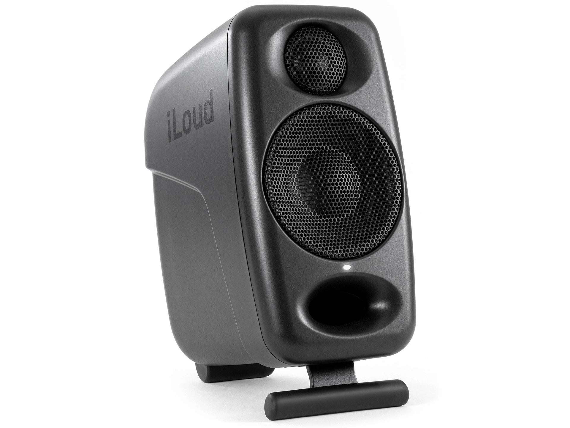 IK Multimedia iLoud Micro Monitor Pro black angled front view with built in angling stands, showcasing its ultra-compact professional design, engineered to deliver reference-quality sound for creators on the go and in any personal studio setup.