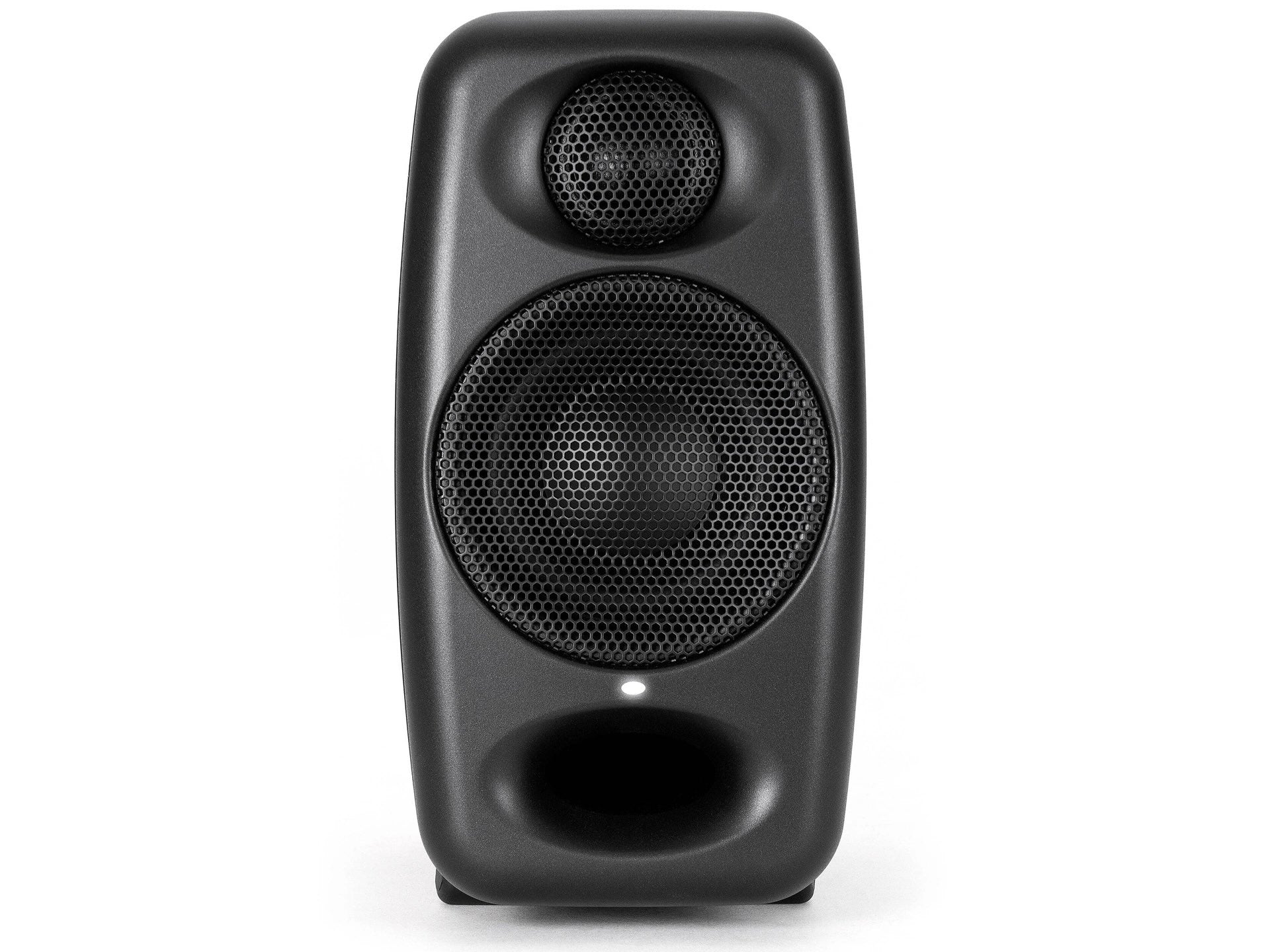 IK Multimedia iLoud Micro Monitor PRO black front view, showcasing its compact yet powerful design with clearly visible drivers and front port, engineered for transparent audio reproduction in any personal studio.