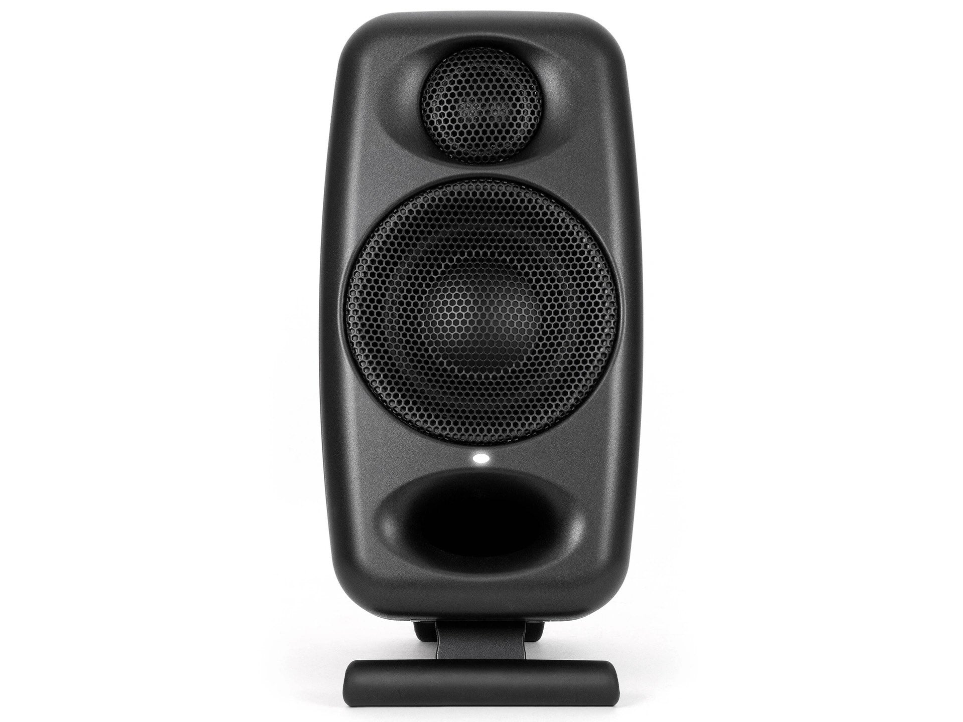 IK Multimedia iLoud Micro Monitor Pro black front view with built in angling stands, showcasing its ultra-compact professional design, engineered to deliver reference-quality sound for creators on the go and in any personal studio setup.