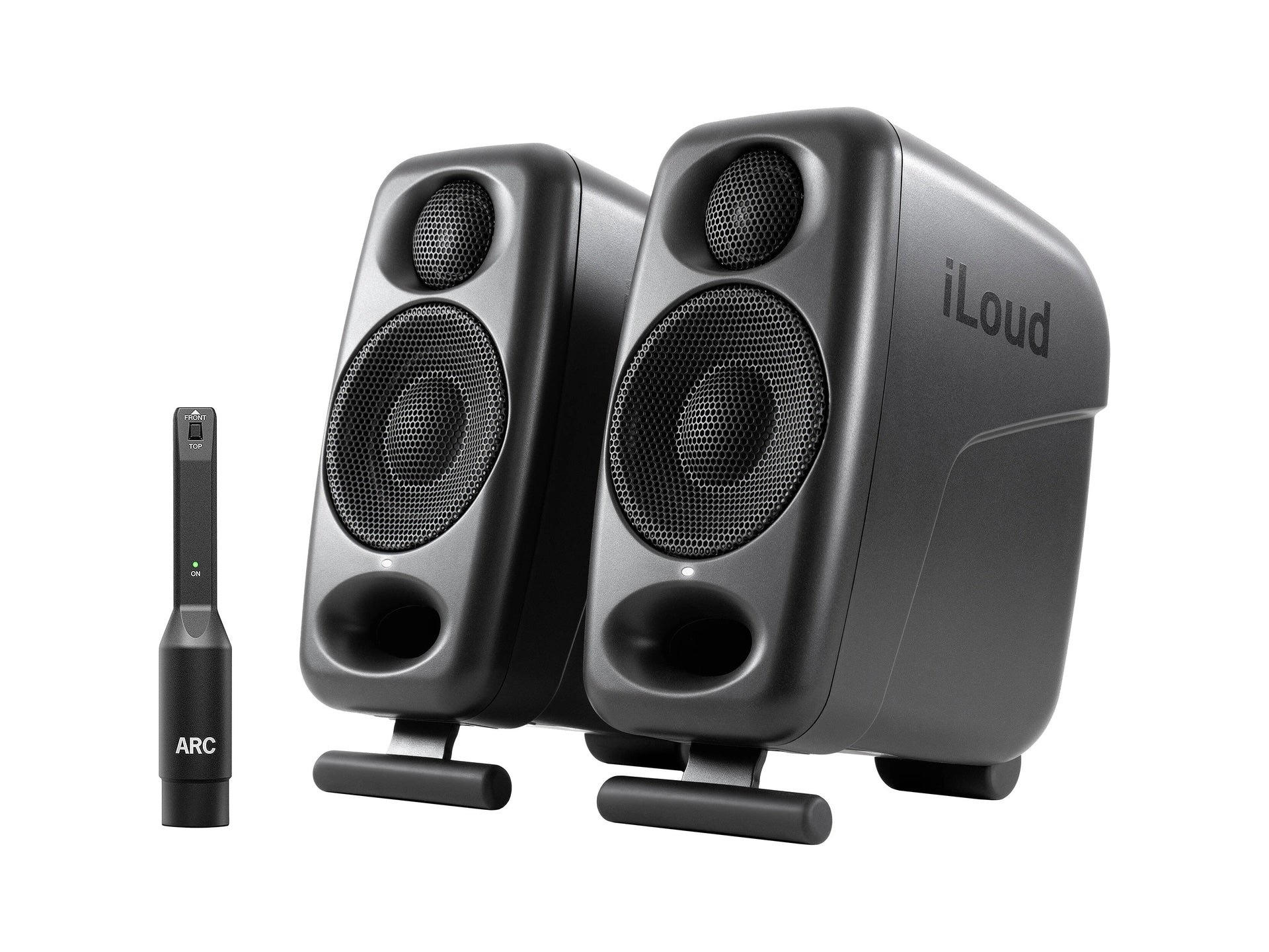IK Multimedia iLoud Micro Monitor PRO black pair angled front view, shown with the ARC measurement microphone, emphasizing their advanced room correction capabilities for delivering perfectly tuned, studio-accurate sound in any personal listening space.