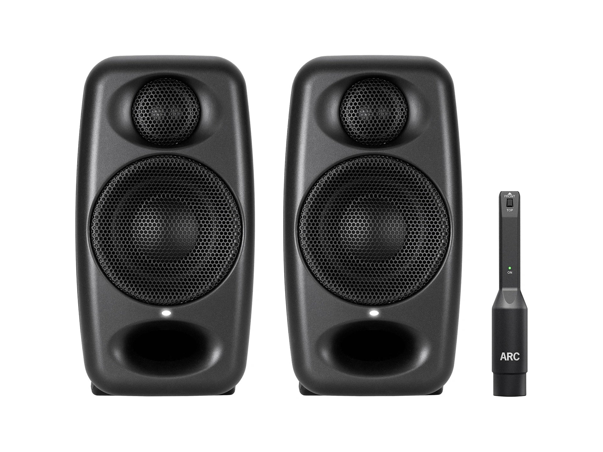 IK Multimedia iLoud Micro Monitor PRO black pair front view, shown with the ARC measurement microphone, emphasizing their advanced room correction capabilities for delivering perfectly tuned, studio-accurate sound in any personal listening space.
