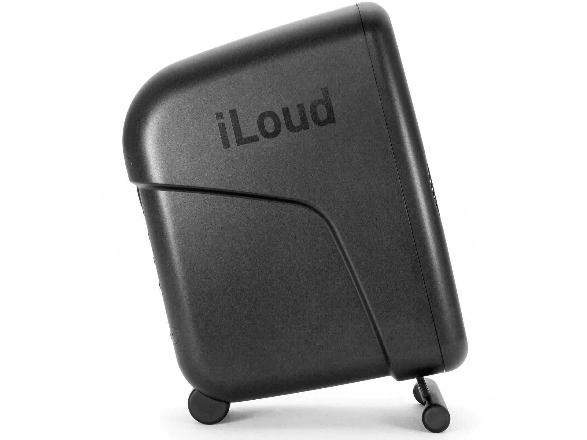 IK Multimedia iLoud Micro Monitor PRO black side view, with its integrated tilt stand extended, showcasing its compact, elevated profile for optimized acoustic placement and precision monitoring in any portable or desktop studio.