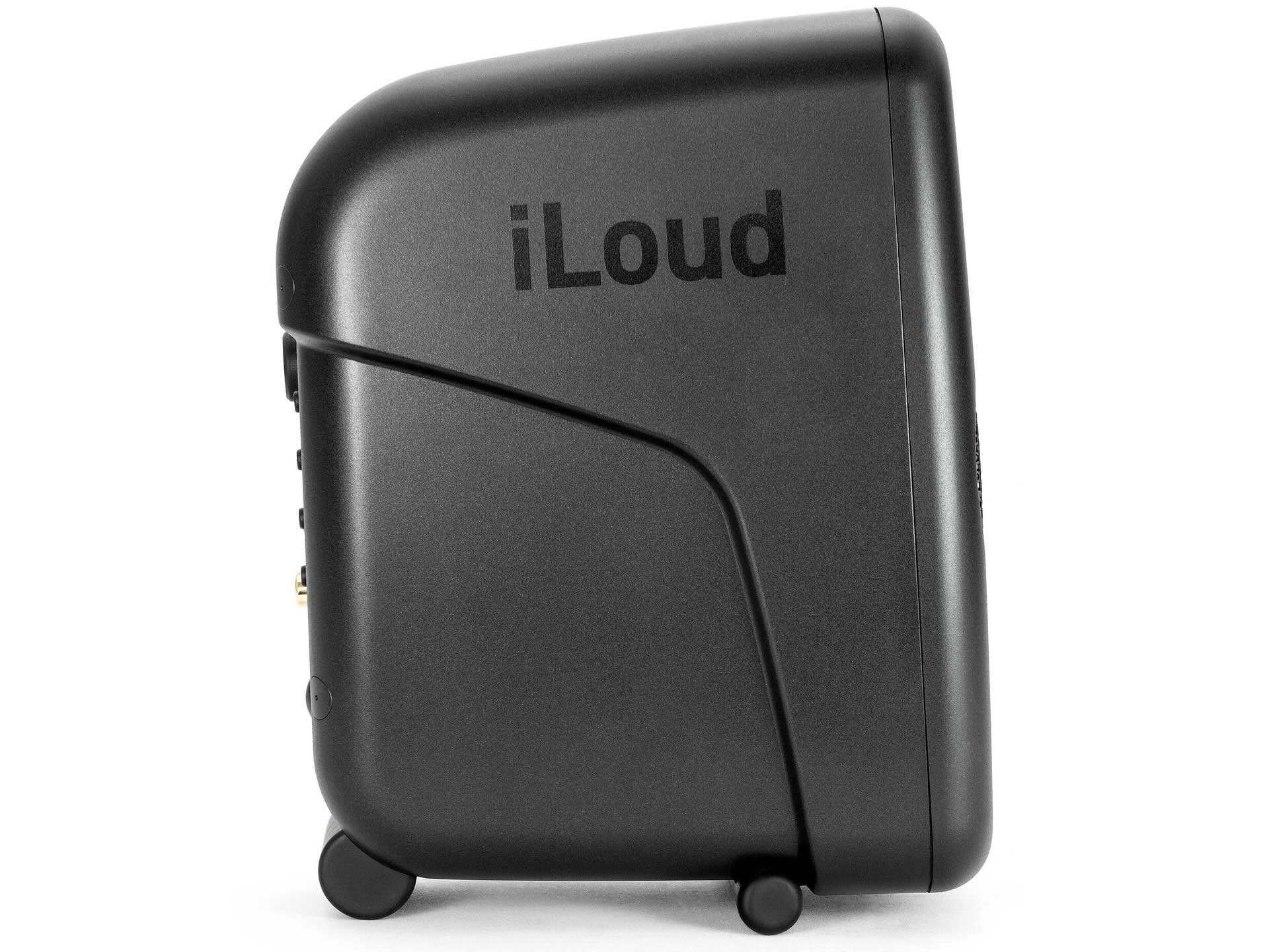 IK Multimedia iLoud Micro Monitor PRO black side view, emphasizing its ultra-compact, sleek design and robust build, making it the perfect portable professional monitoring solution for music creators on the move.