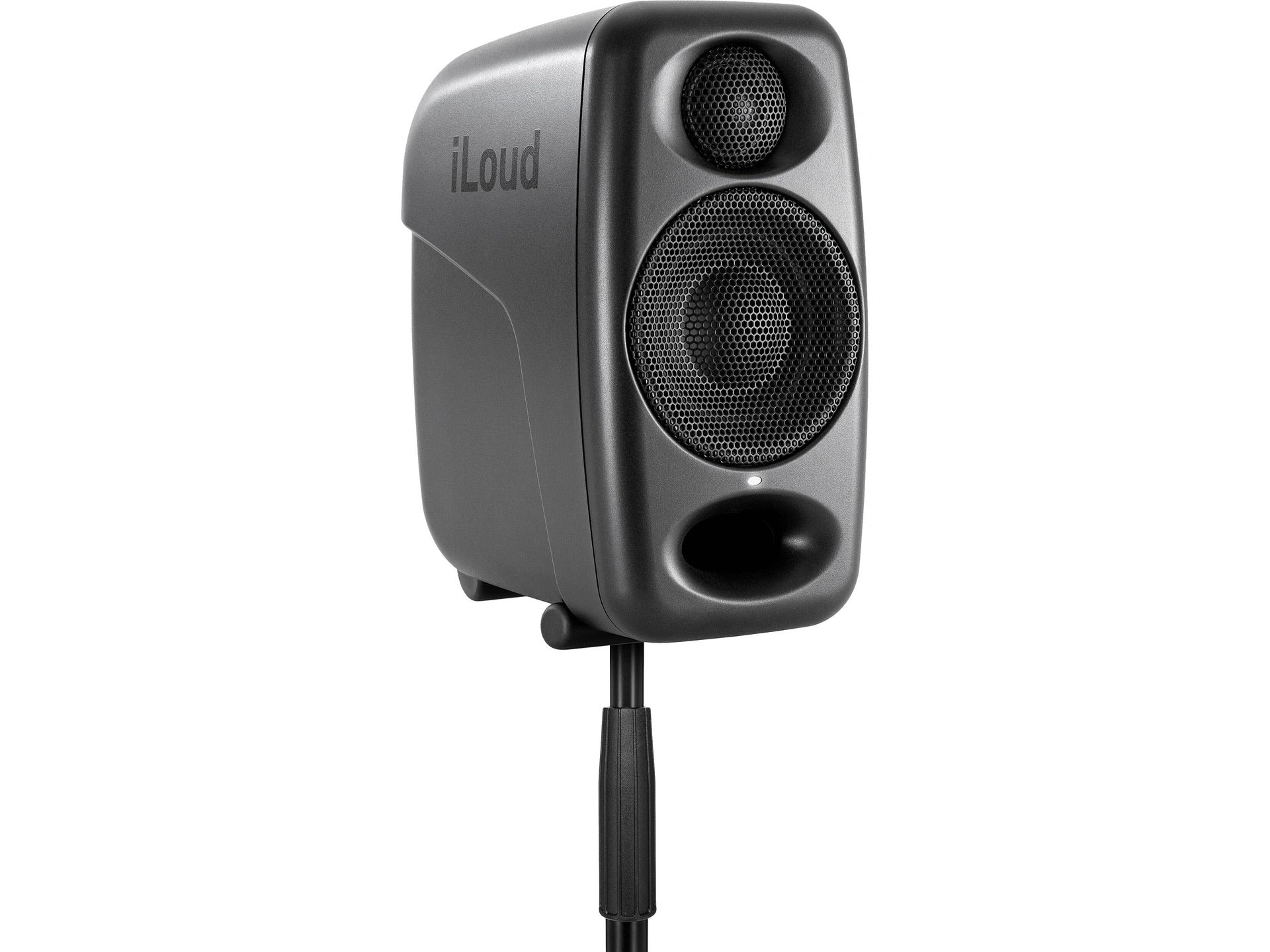 IK Multimedia iLoud Micro Monitor PRO black mounted on a studio stand, highlighting its compact size and professional aesthetic, providing an optimized listening position for precise audio monitoring in any portable or home studio setup.