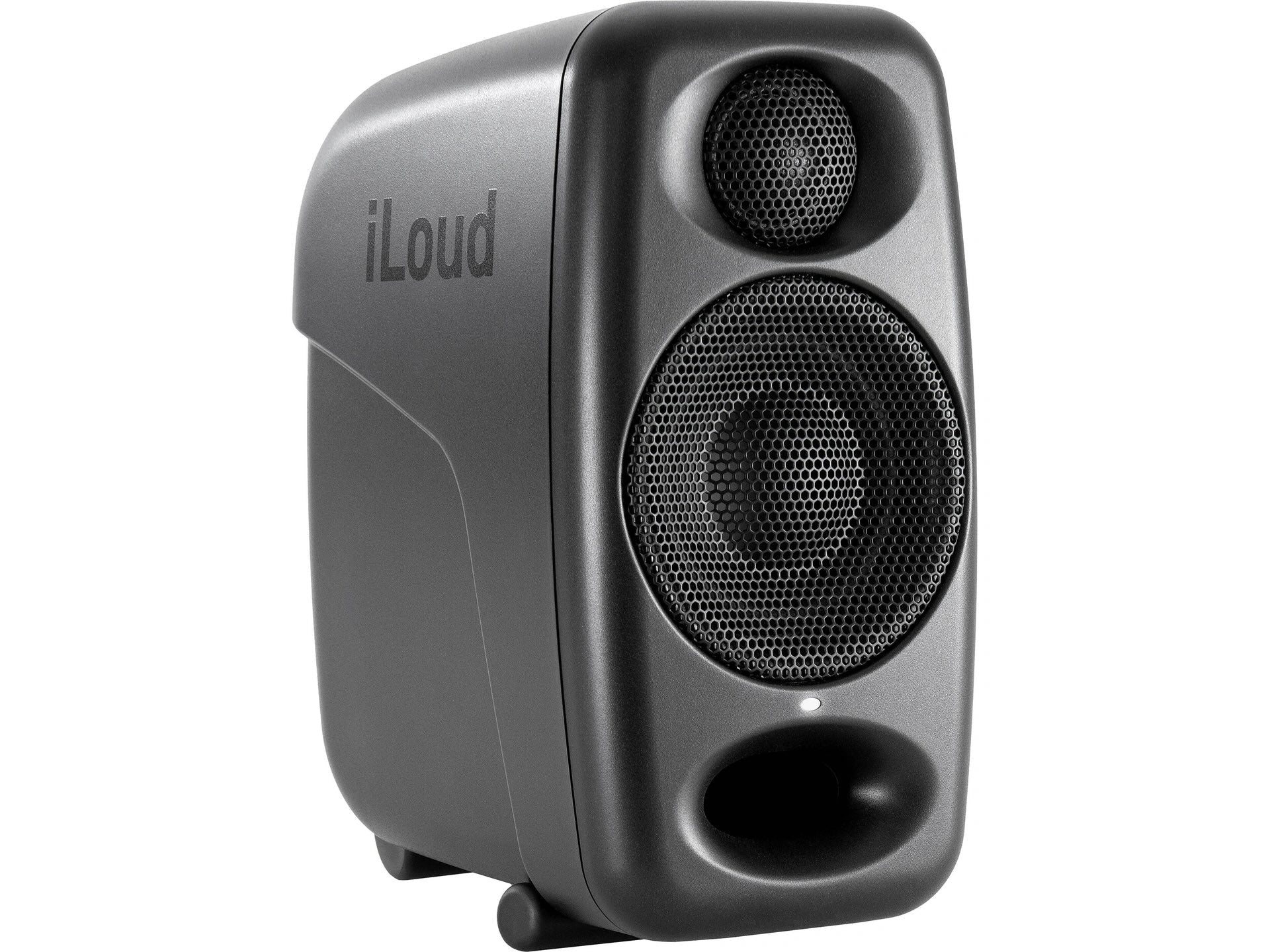 IK Multimedia iLoud Micro Monitor Pro black angled front view, showcasing its ultra-compact professional design, engineered to deliver reference-quality sound for creators on the go and in any personal studio setup.