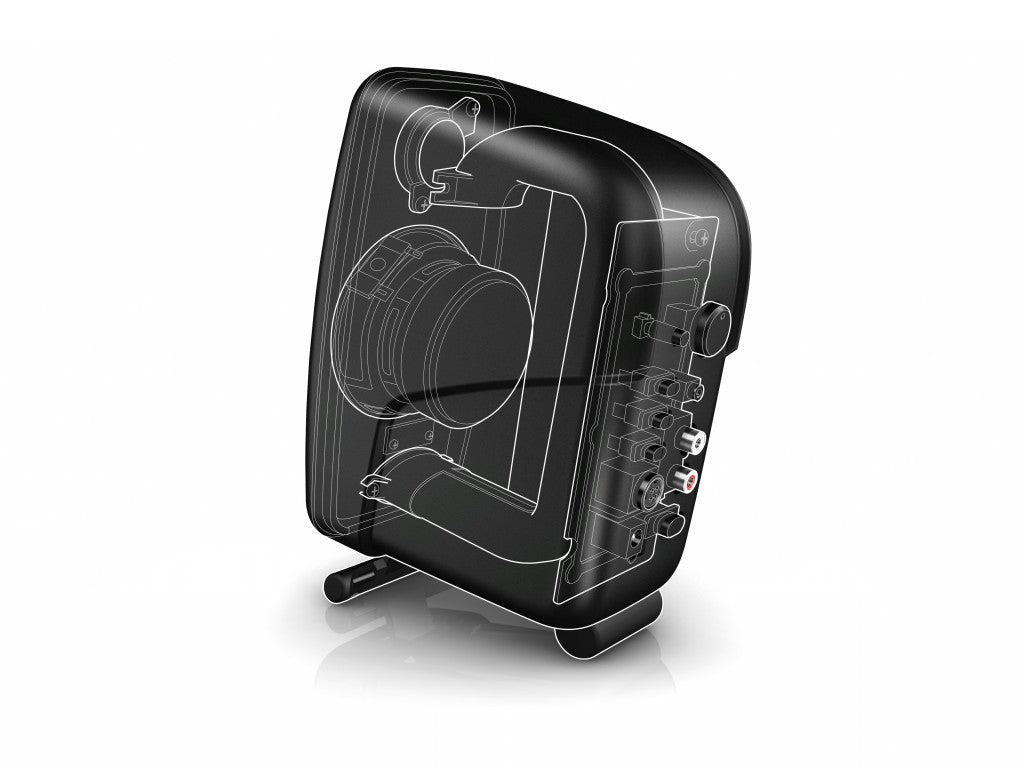 IK Multimedia iLoud Micro Monitor X-ray view, revealing its internal active two-way speaker components, DSP, and amplifier, demonstrating advanced engineering for portable high-fidelity audio.