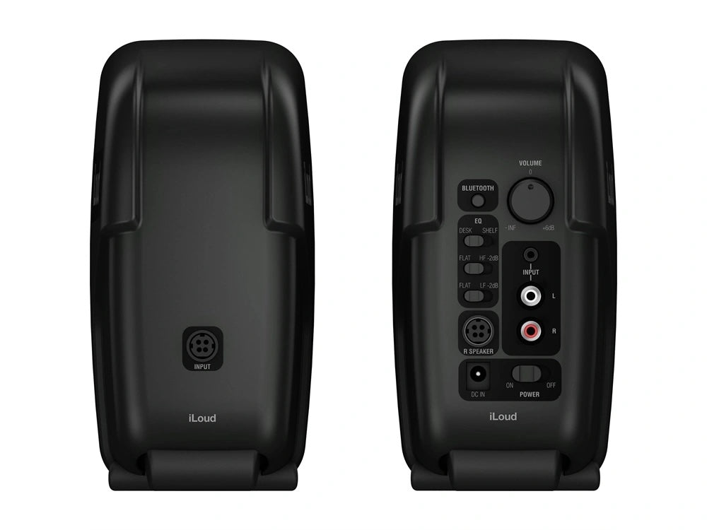 IK Multimedia iLoud Micro Monitors Pair back view, showing RCA and Aux inputs, bluetooth button, speaker connections, volume knob, and EQ switches for flexible connectivity and acoustic tuning.