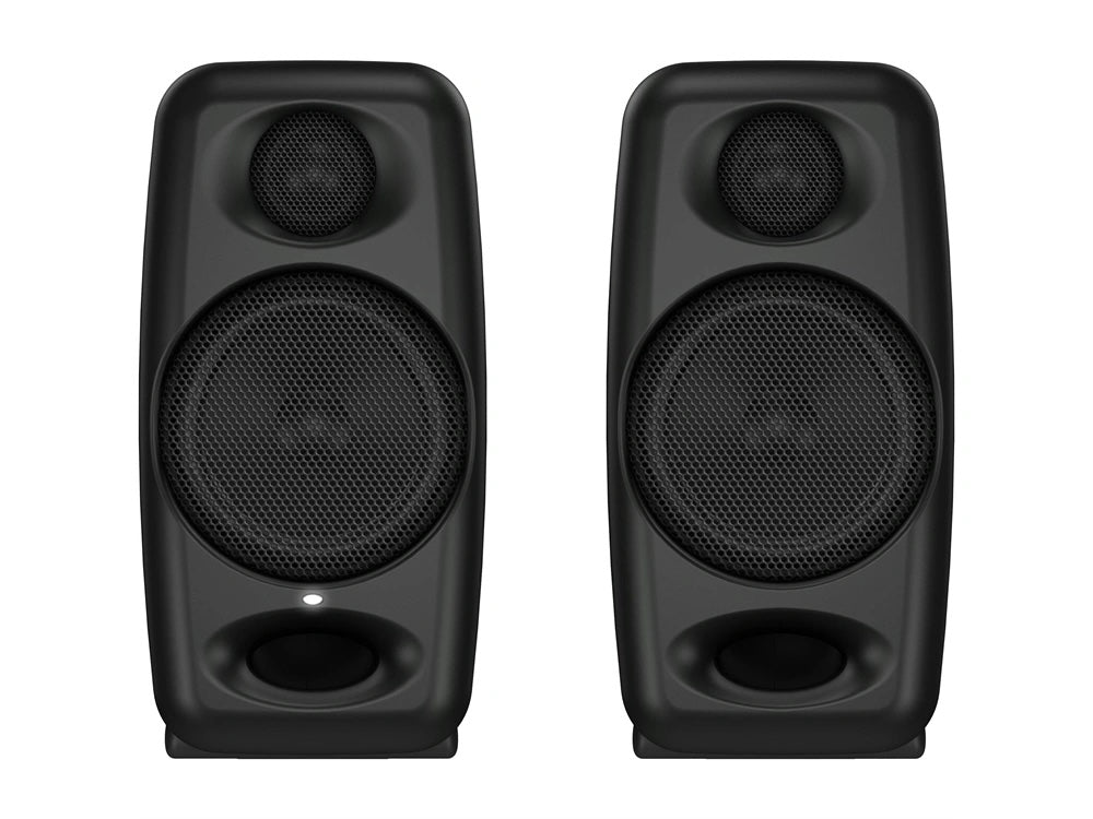 IK Multimedia iLoud Micro Monitors Pair front view, showcasing their compact design, active two-way drivers, and LED indicator, perfect for professional desktop audio and critical listening.