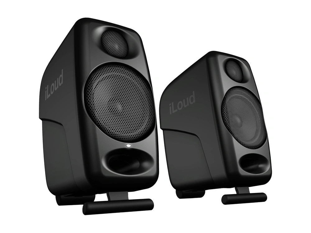 IK Multimedia iLoud Micro Monitors Pair, showcasing their ultra-compact design and active two-way speakers, ideal for desktop studios and portable monitoring.