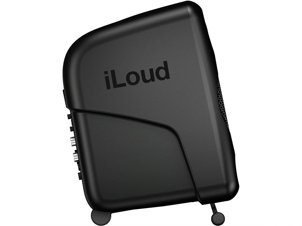 IK Multimedia iLoud Micro Monitors Pair side view, highlighting their ultra-compact depth and sleek profile, making them perfect for small studio spaces and travel.