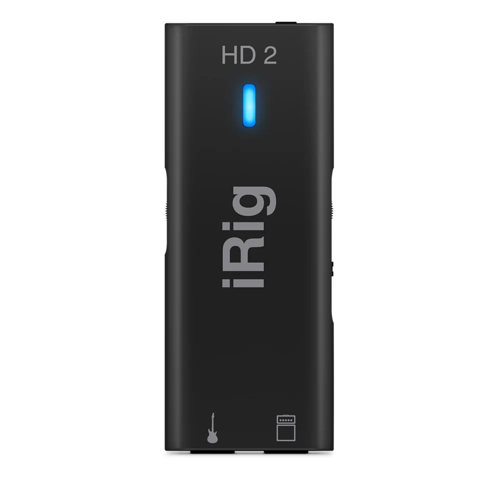 IK Multimedia iRig HD 2 Guitar Interface for iOS, Mac, and PC front view, displaying its minimalistic design with LED indicator.
