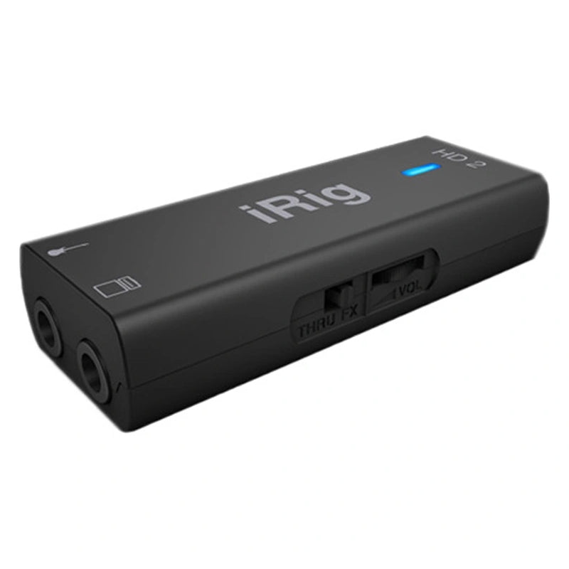 IK Multimedia iRig HD 2 Guitar Interface for iOS, Mac, and PC, showing its guitar input and output to amp, volume knob, and THRU/FX switch.