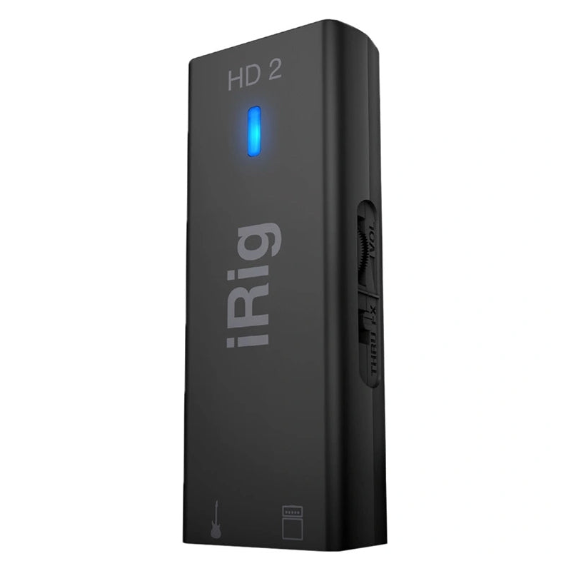IK Multimedia iRig HD 2 Guitar Interface for iOS, Mac, and PC, showing its compact body with volume knob, and THRU/FX switch.