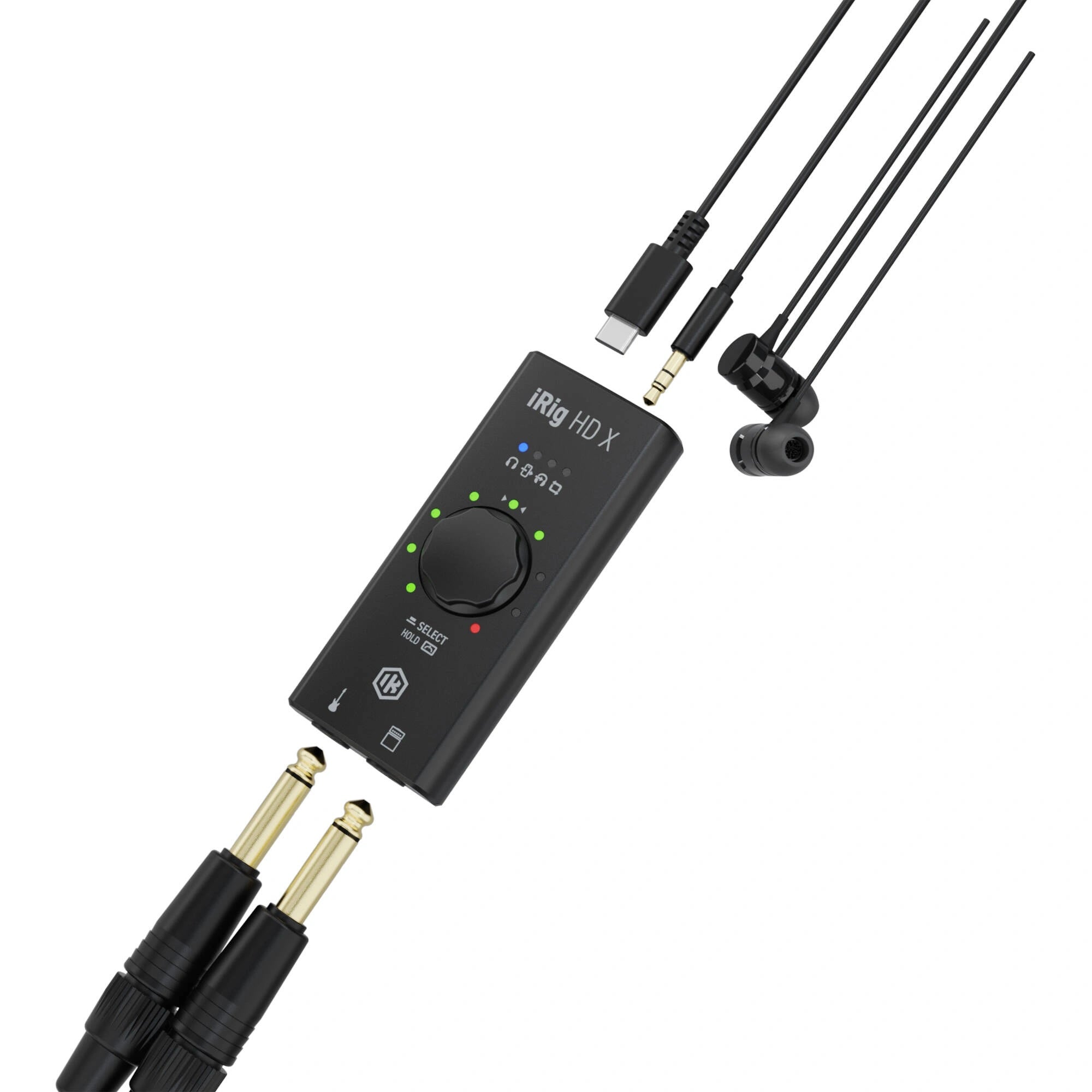 IK Multimedia iRig HD X Digital Guitar Interface with cables showing connections for headphones, guitar cables and USB C cable.
