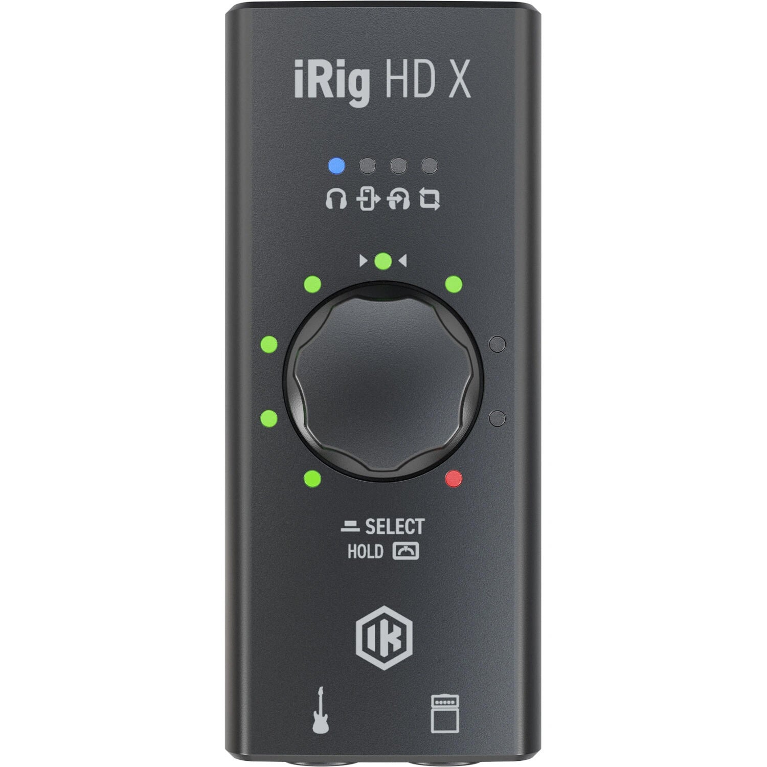IK Multimedia iRig HD X Digital Guitar Interface front view, displaying its main input level control knob and indicator LEDs.