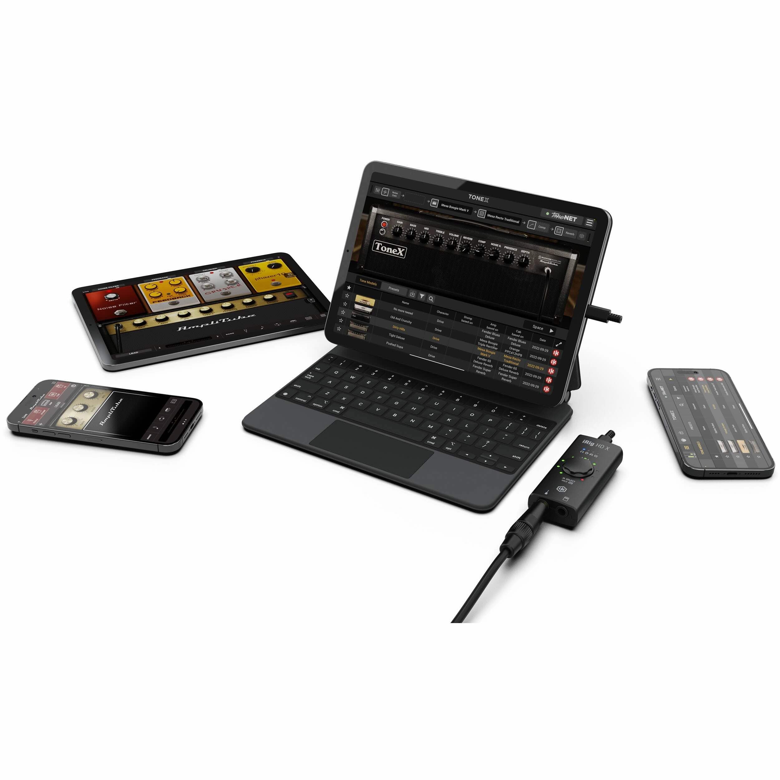IK Multimedia iRig HD X Digital Guitar Interface with iPads and iPhones showing the range of uses.