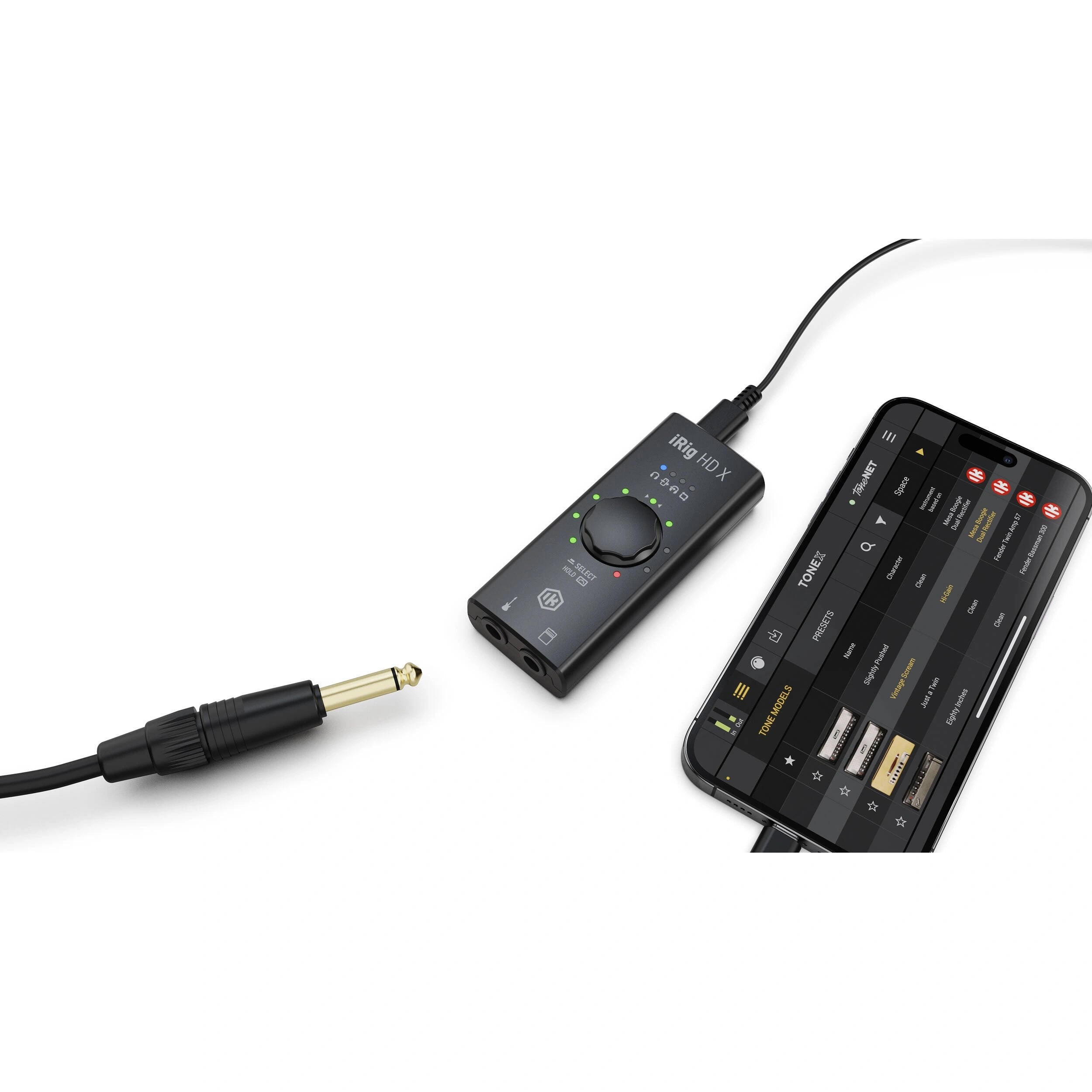 IK Multimedia iRig HD X Digital Guitar Interface in use connected to a phone using the TONEX iOS app.