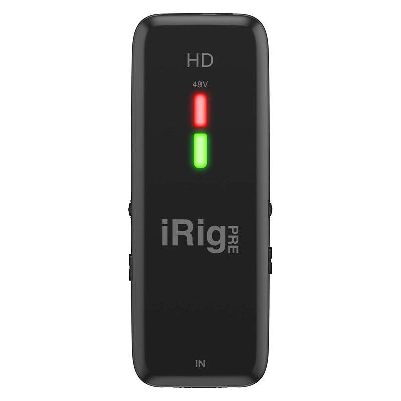 IK Multimedia iRig Pre HD Audio Interface with Mic Pre front view showing its LED meters.