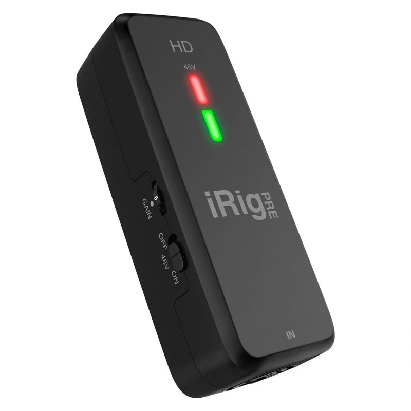 IK Multimedia iRig Pre HD Audio Interface with Mic Pre, showing its compact body with gain control knob, LED indicators and phantom power switch.