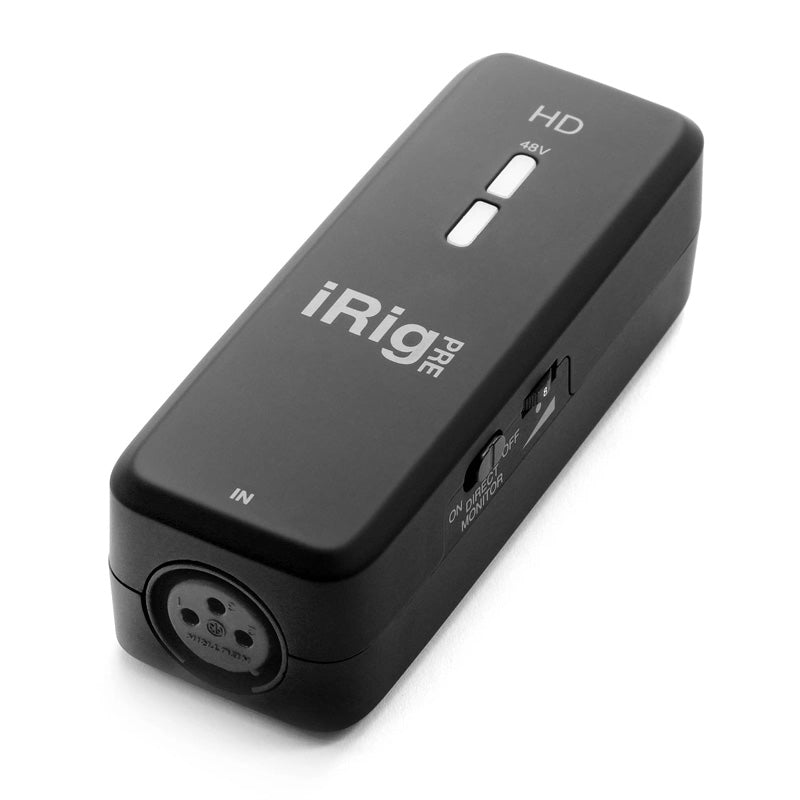 IK Multimedia iRig Pre HD Audio Interface with Mic Pre angled top view, showing its LED indicators, XLR input, direct/monitor switch and volume knob.
