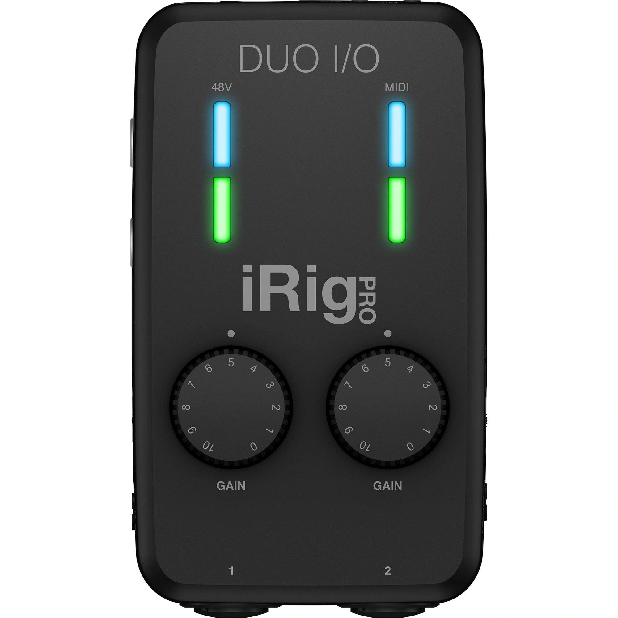 IK Multimedia iRig Pro Duo I/O Portable 2-Channel Audio MIDI Interface angled view, displaying its two individual gain knobs and indicator LEDs.