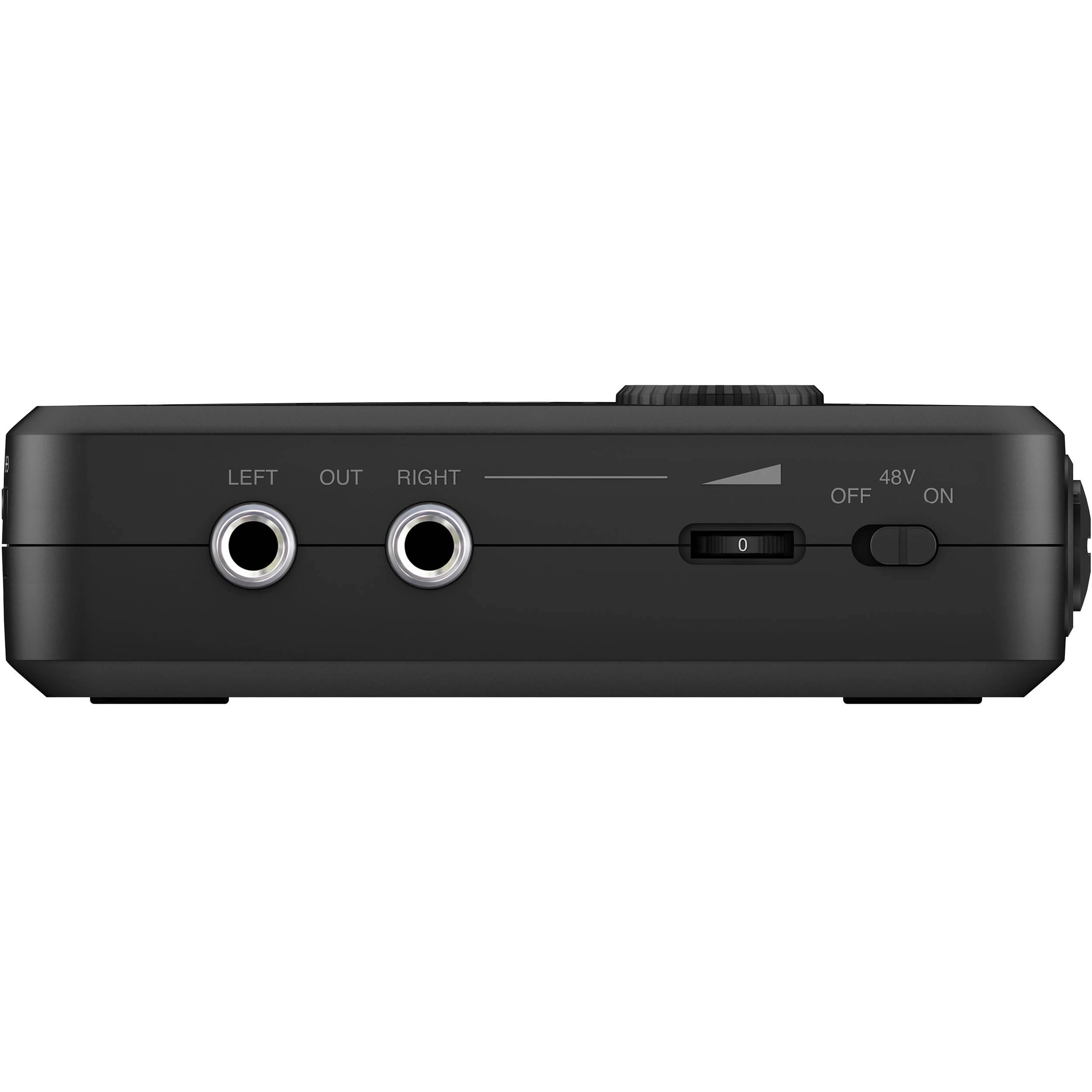 IK Multimedia iRig Pro Duo I/O Portable 2-Channel Audio MIDI Interface angled view, displaying its two outputs, phantom power switch and volume knob.
