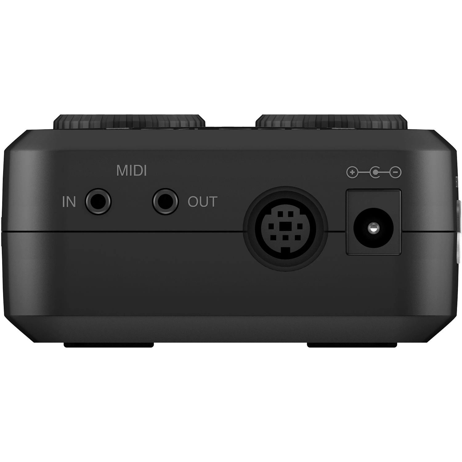 IK Multimedia iRig Pro Duo I/O Portable 2-Channel Audio MIDI Interface, bottom view showing midi inputs, outputs and power input.