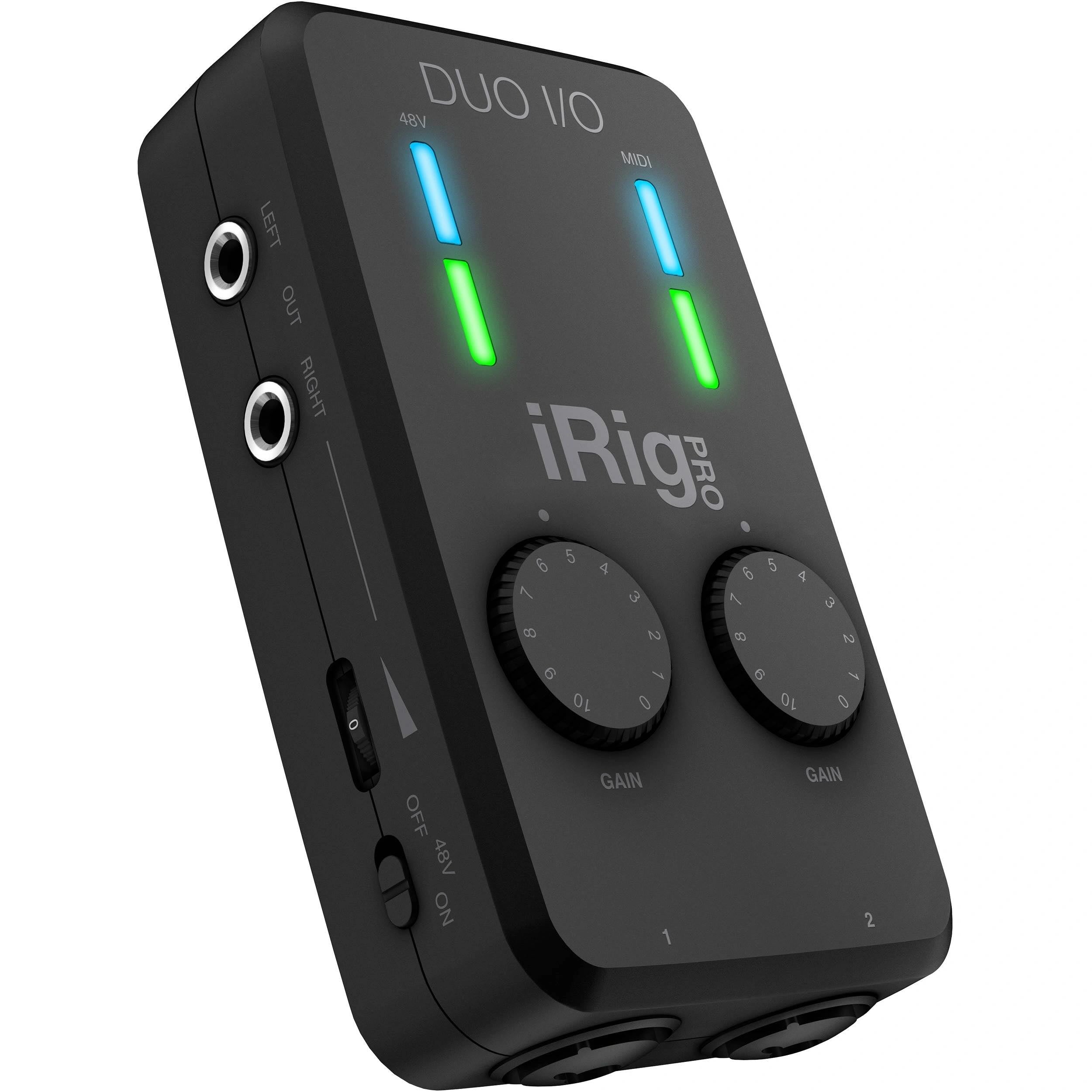 IK Multimedia iRig Pro Duo I/O Portable 2-Channel Audio MIDI Interface angled view, displaying its two combo XLR/TRS inputs with individual gain knobs, phantom power button, indicator LEDs, ouputs and volume knob.