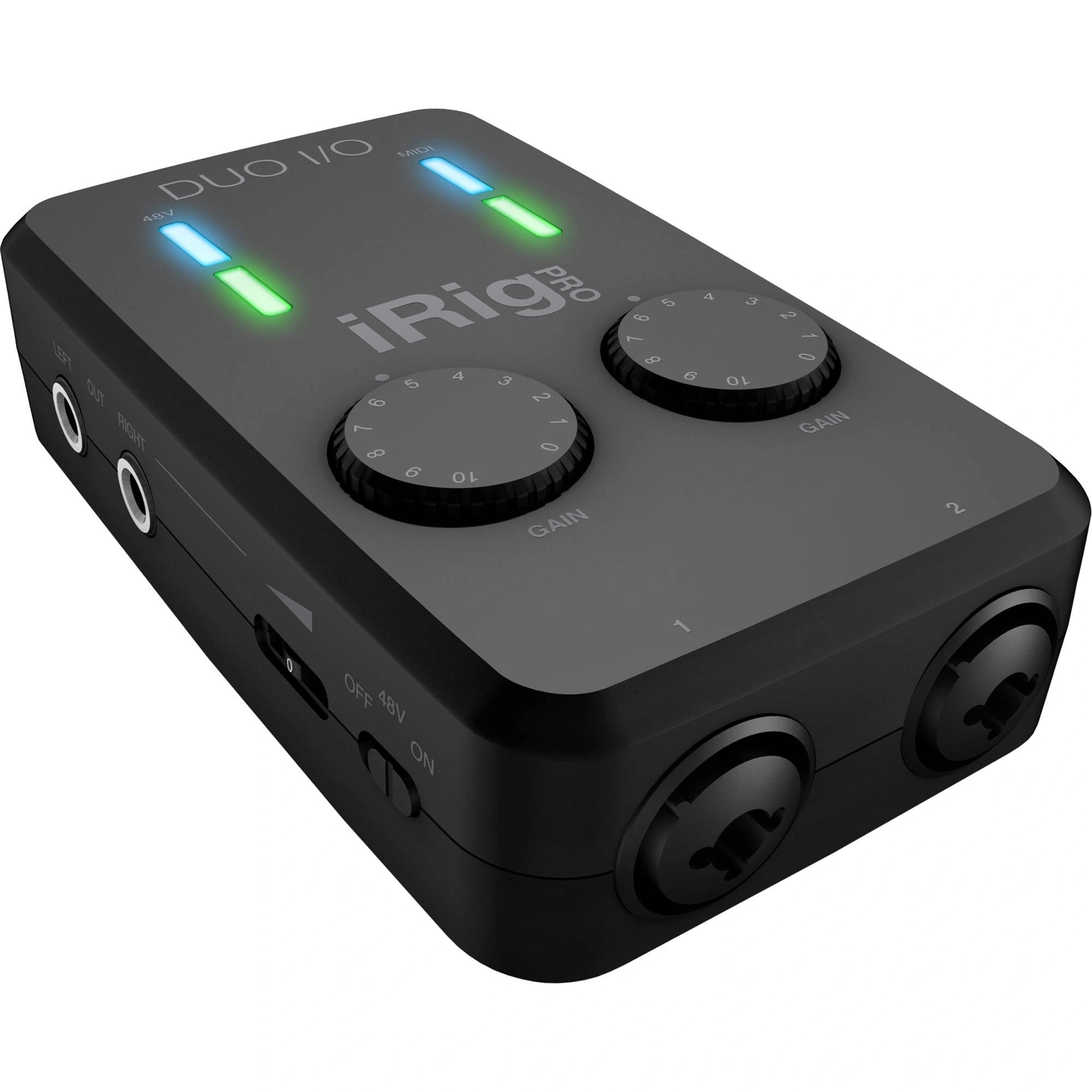 IK Multimedia iRig Pro Duo I/O Portable 2-Channel Audio MIDI Interface angled view, displaying its two combo XLR/TRS inputs with individual gain knobs, phantom power button, indicator LEDs, ouputs and volume knob.