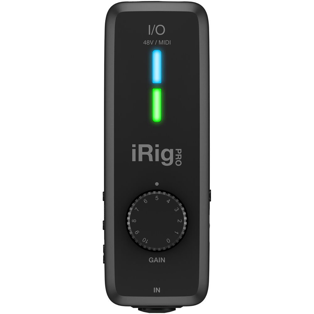 IK Multimedia iRig Pro I/O Audio and MIDI Interface for Mac, Windows, and iOS front view, displaying its gain knob and LED indicators.