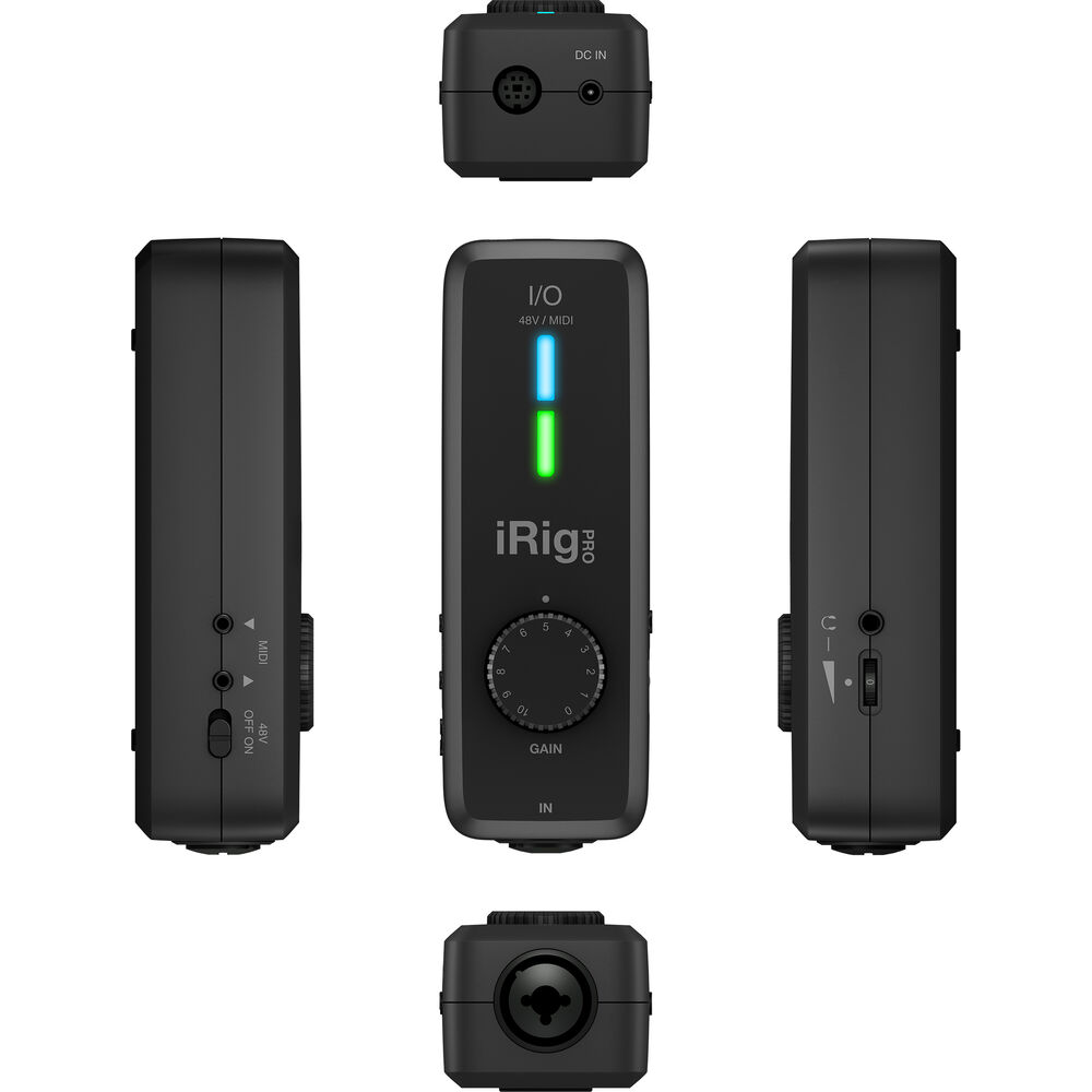 IK Multimedia iRig Pro I/O Audio and MIDI Interface for Mac, Windows, and iOS collage view, displaying all of its controls and connections.