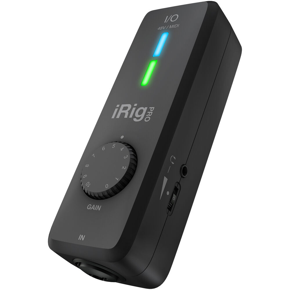 IK Multimedia iRig Pro I/O Audio and MIDI Interface for Mac, Windows, and iOS angled view, displaying its gain knob, LED indicators, XLR input, heaphone output and volume knob.