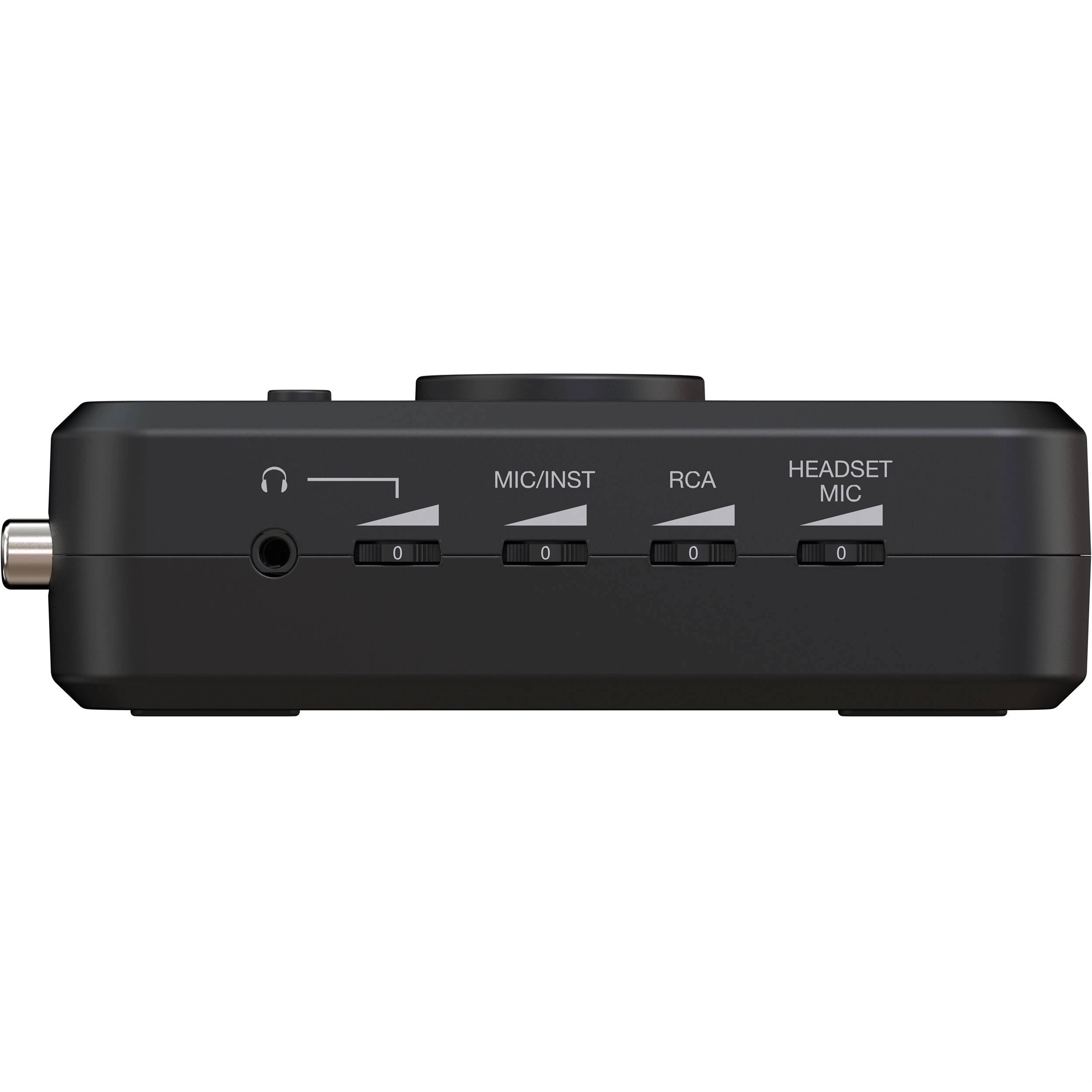 IK Multimedia iRig Stream Pro Ultracompact 4x2 Audio Interface side view, displaying the headphone output with volume knob, and gain controls for Mic/Instrument, RCA, and headset mic.