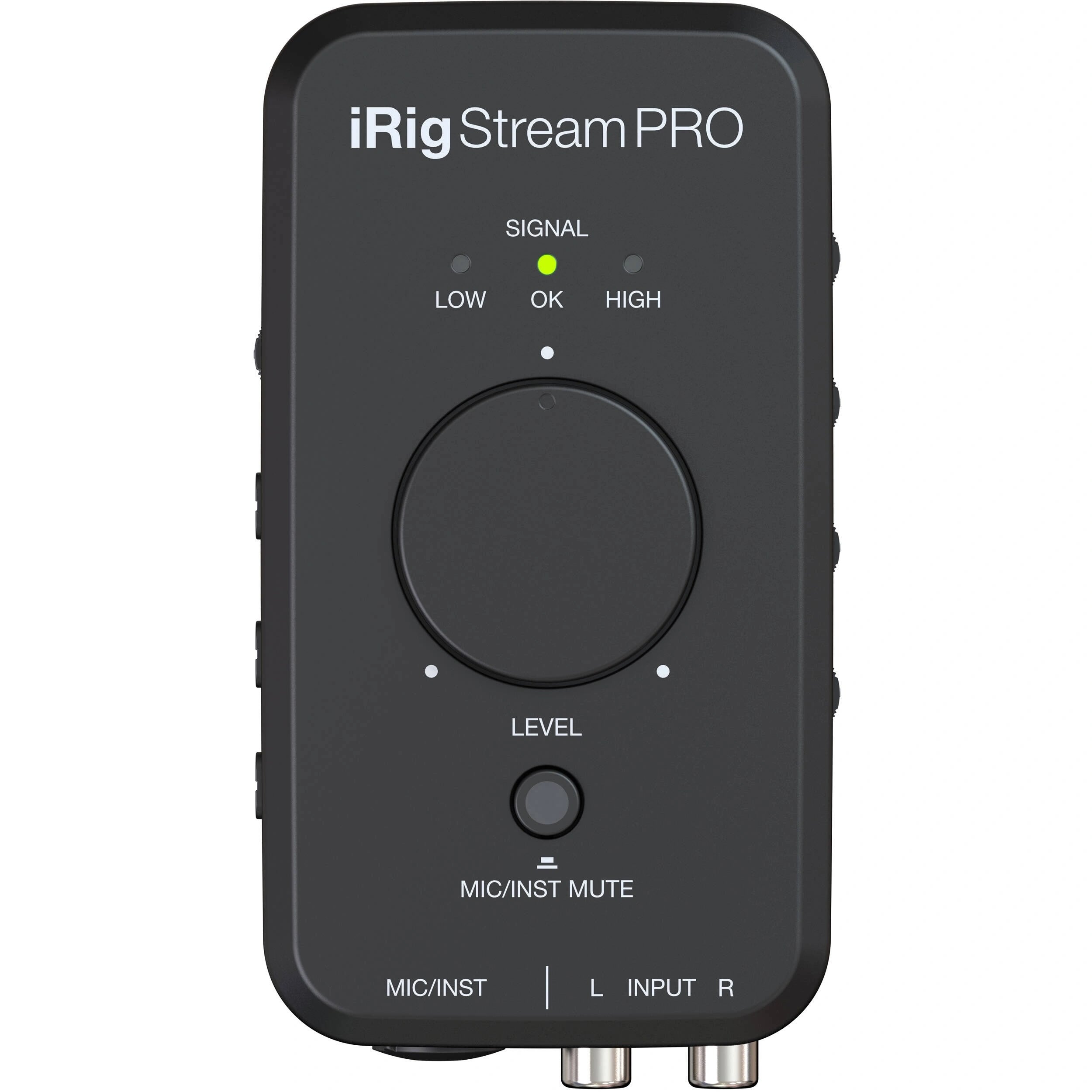 IK Multimedia iRig Stream Pro Ultracompact 4x2 Audio Interface front view, displaying its main level knob, LED signal indicators, mic/inst mute button and XLR, TRS & RCA inputs.