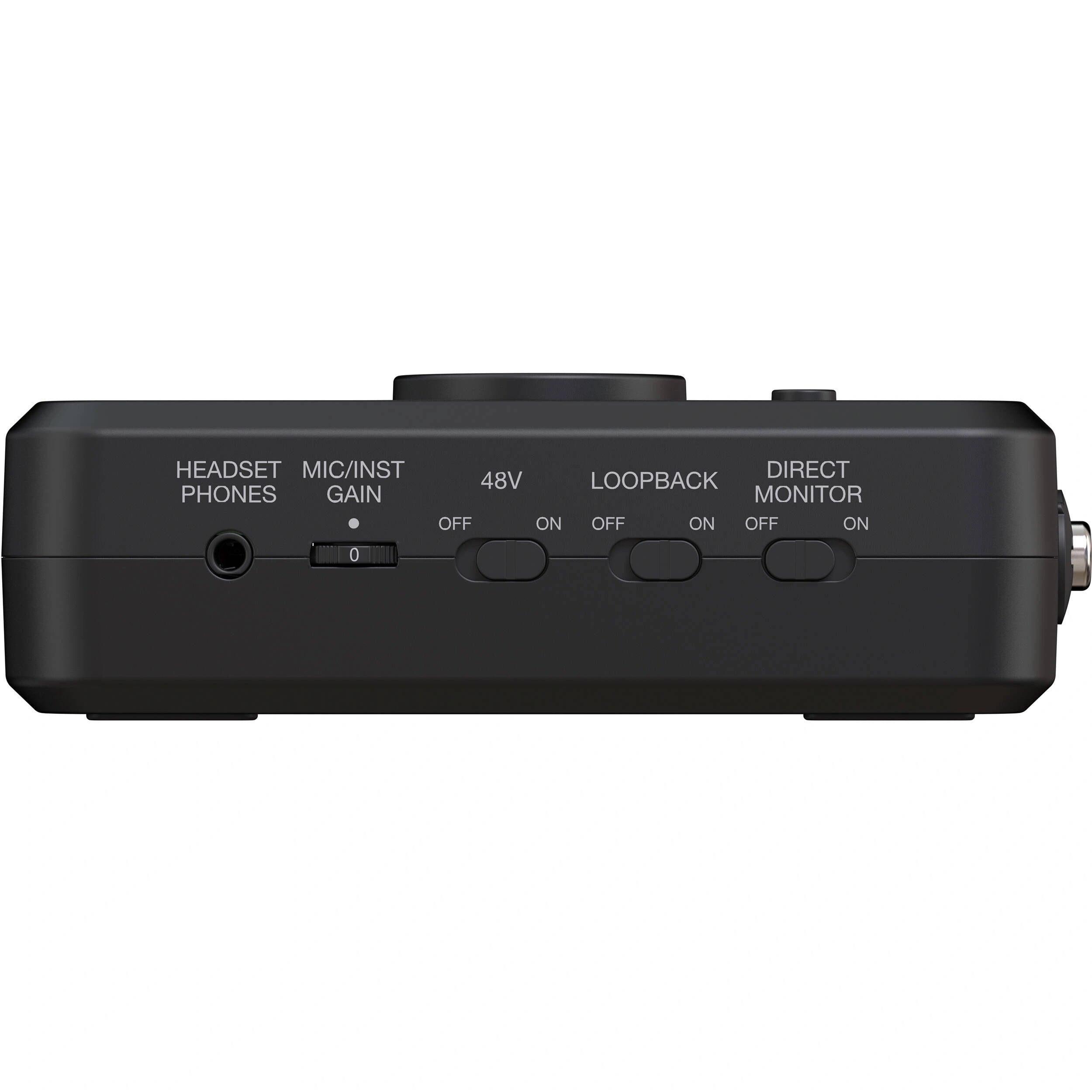 IK Multimedia iRig Stream Pro Ultracompact 4x2 Audio Interface side view, showing its headphone output, gain knob, phantom power, loop back and direct monitor switches.