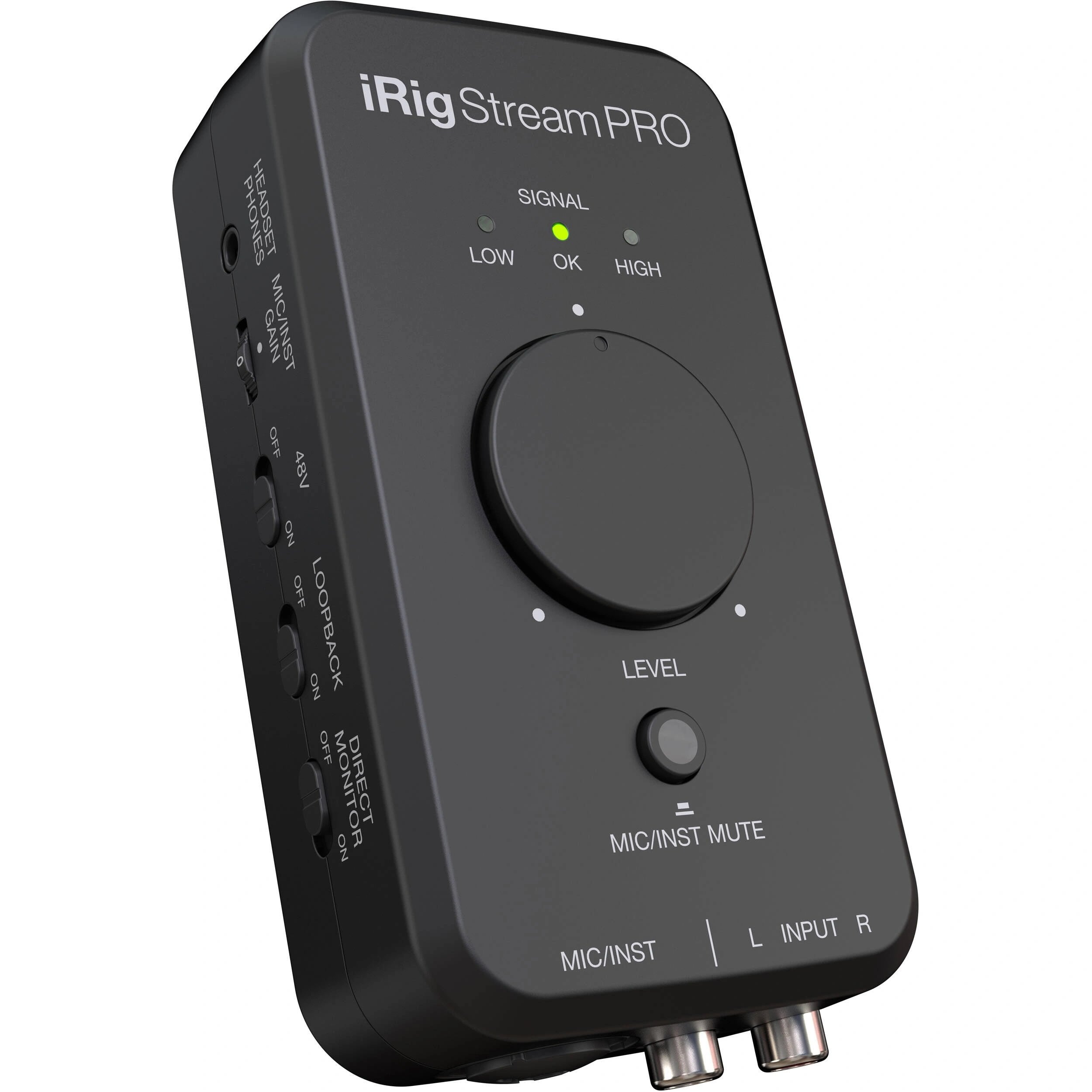 IK Multimedia iRig Stream Pro Ultracompact 4x2 Audio Interface angled front view, displaying its main level knob, various controls, LED signal indicators, mic/inst mute button and XLR, TRS & RCA inputs.