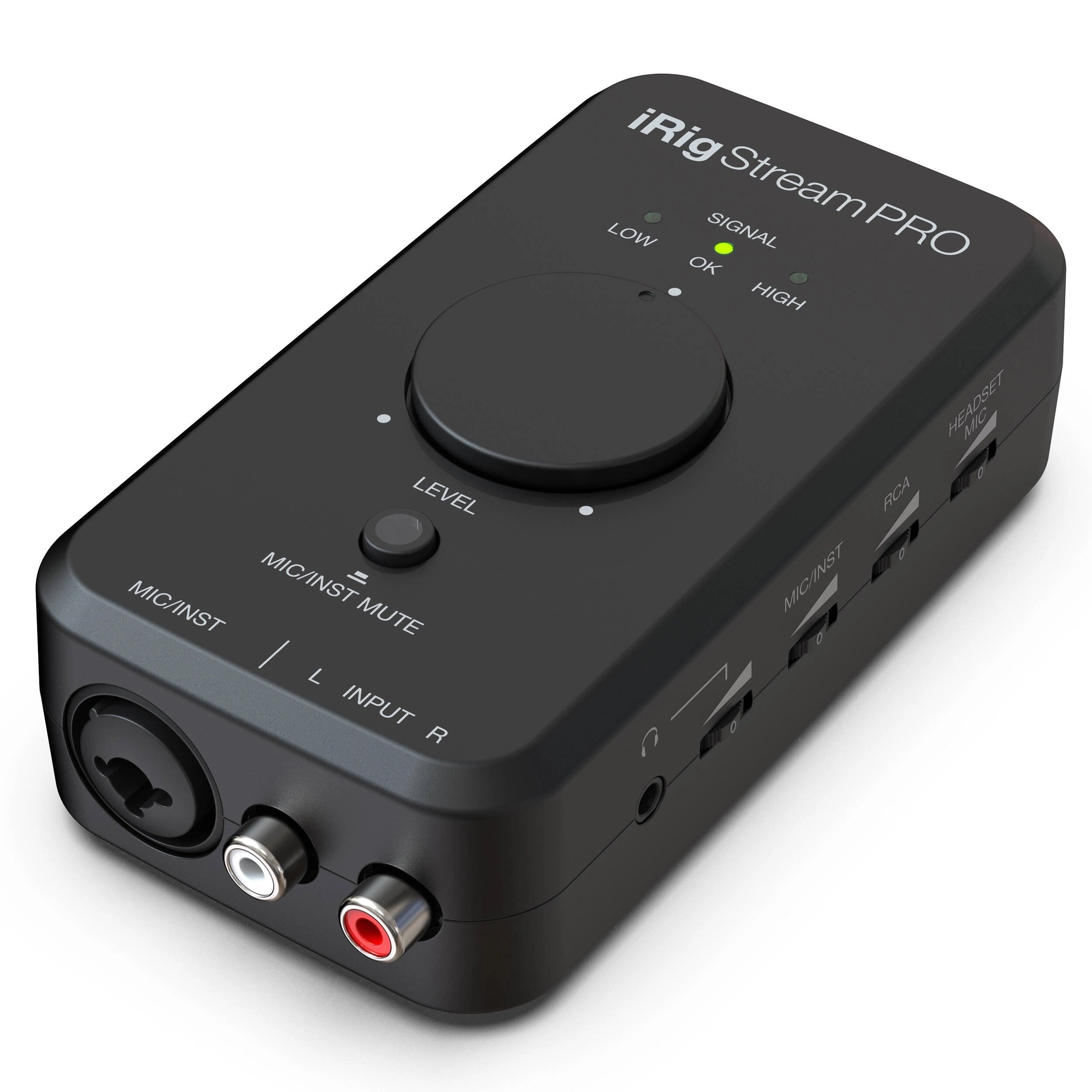 IK Multimedia iRig Stream Pro Ultracompact 4x2 Audio Interface angled top view, displaying its various input level controls, main output volume knob, headphone output, multiple inputs and indicator LEDs.