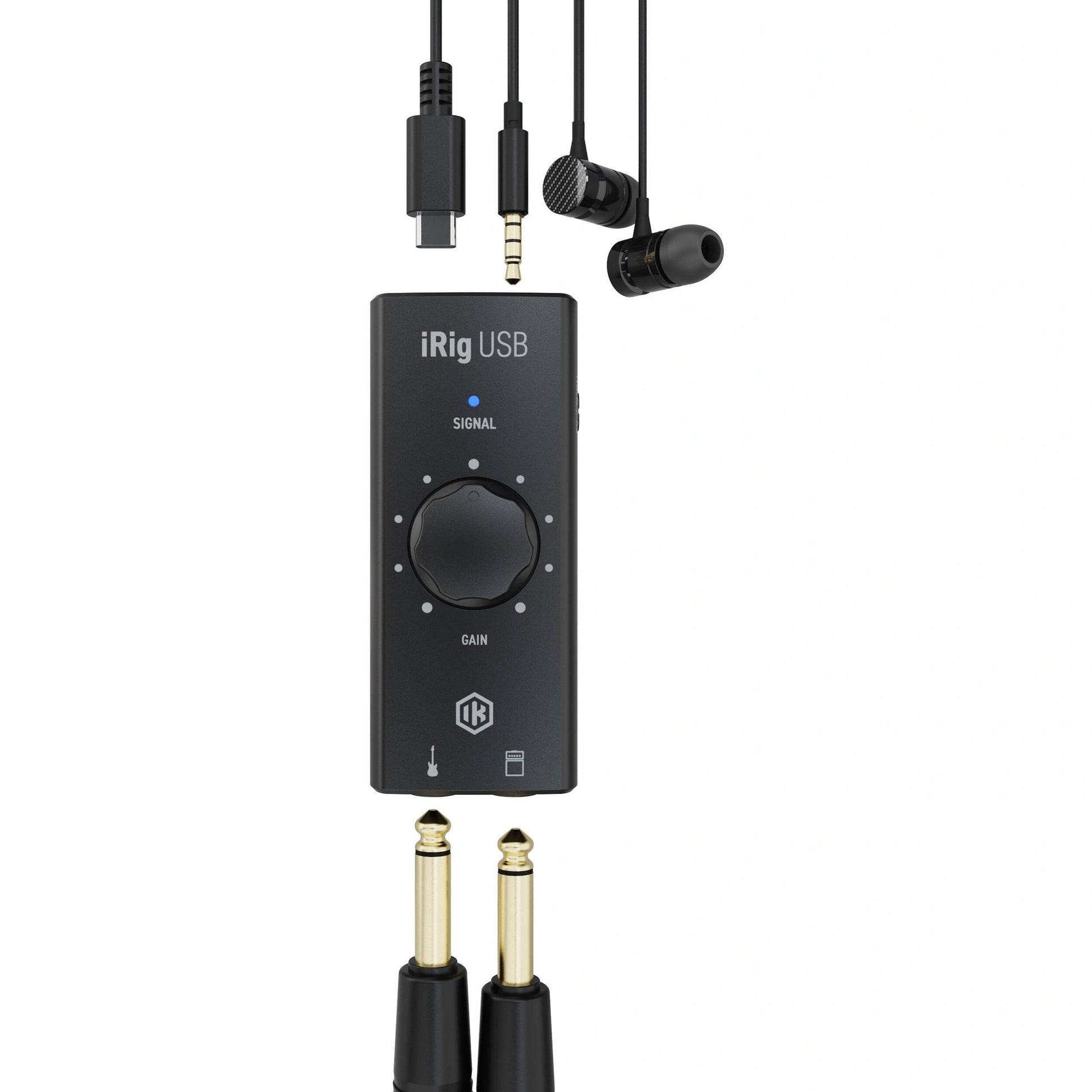 IK Multimedia iRig USB-C Guitar Interface top view with cables showing connections for USB C, Heaphones, Guitar input and THRU to amp.