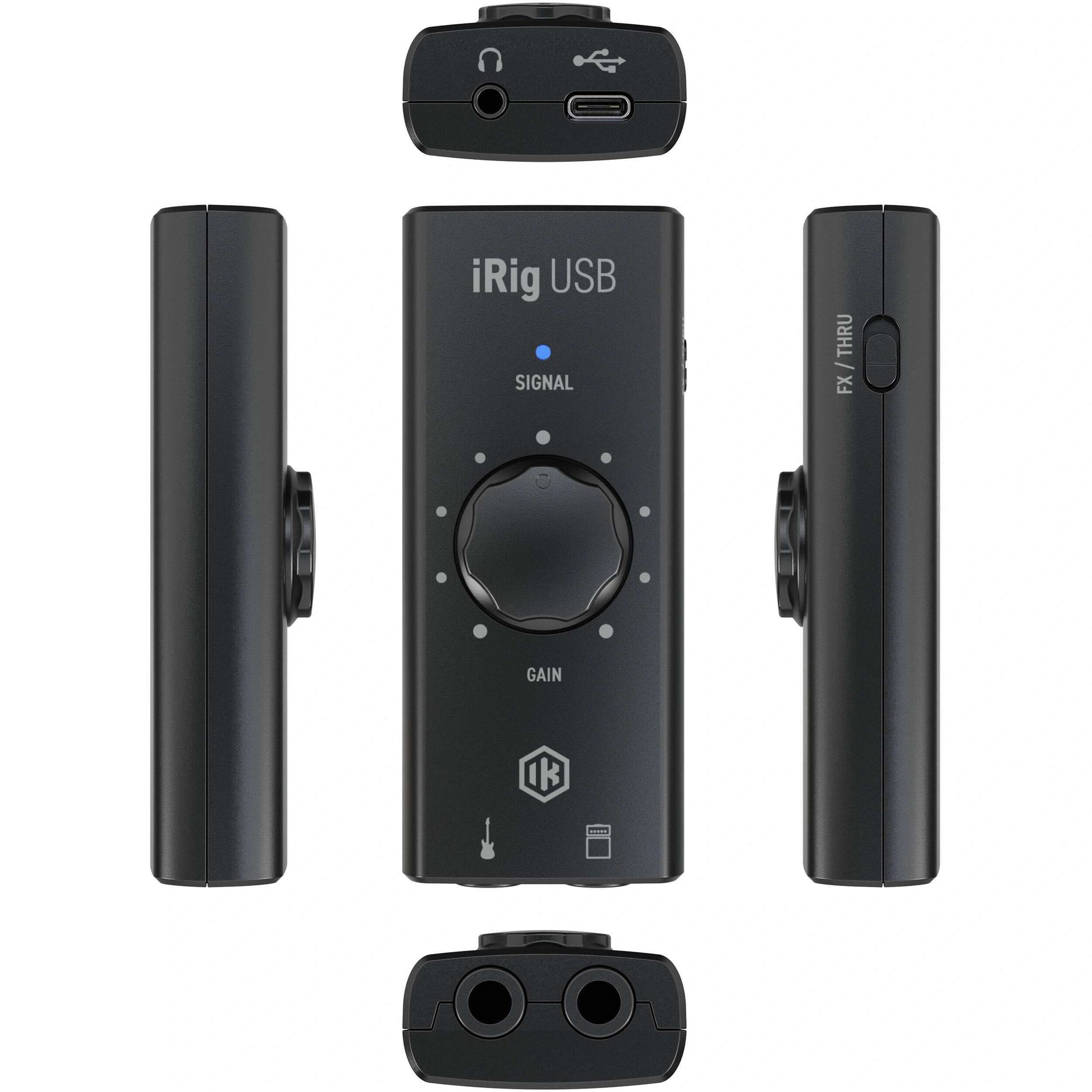 IK Multimedia iRig USB-C Guitar Interface collage showing all sides and connections.