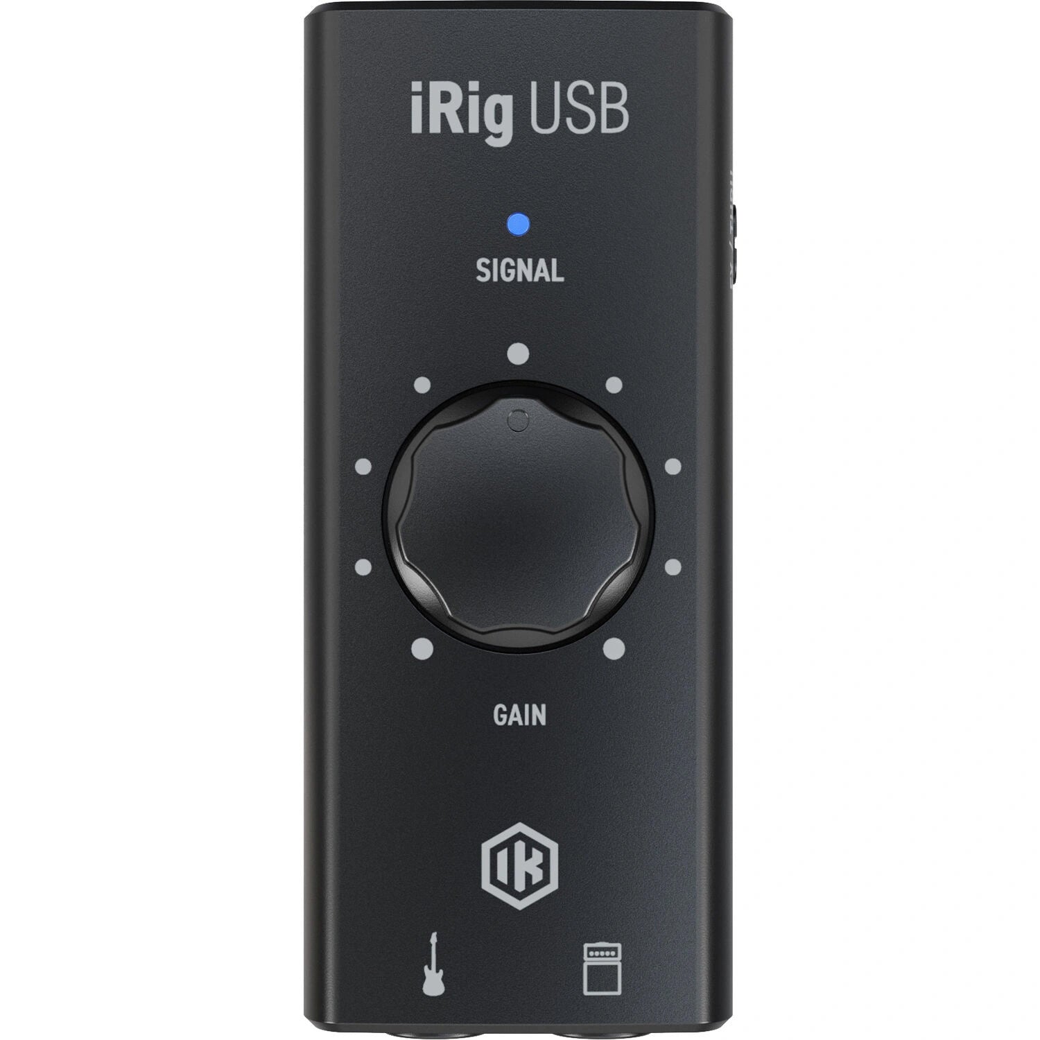 IK Multimedia iRig USB-C Guitar Interface top view, showing its minimalistic design with one gain knob and signal indicator LED.