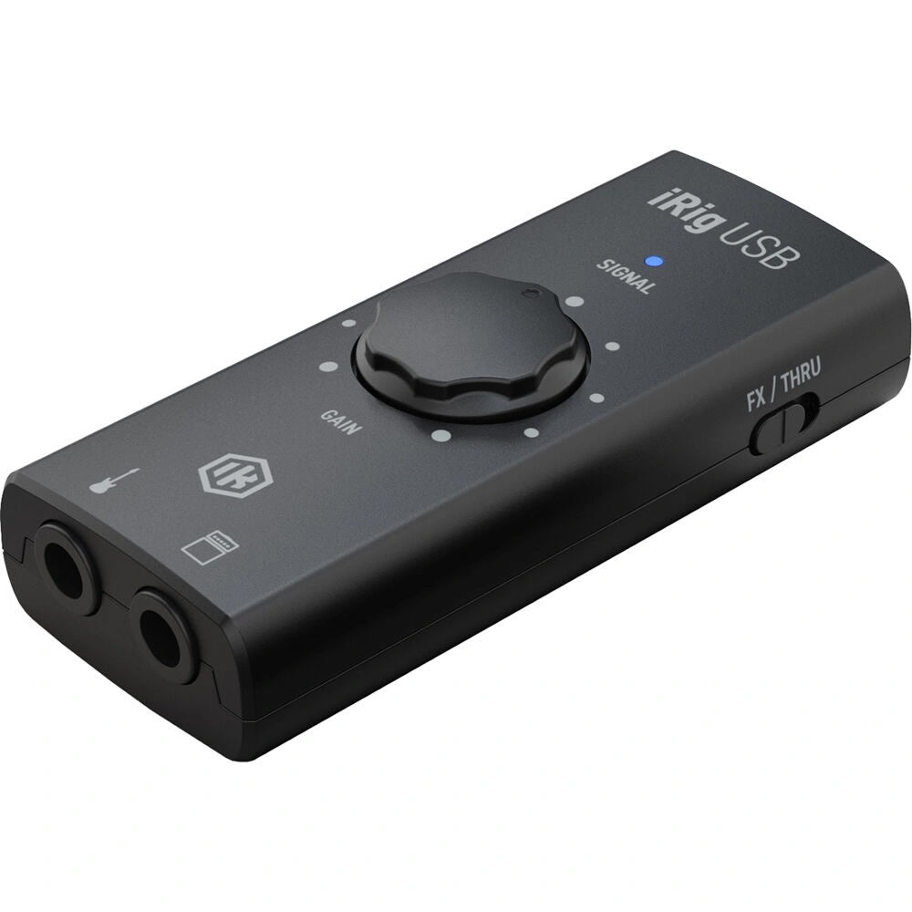 IK Multimedia iRig USB-C Guitar Interface top view, showing its guitar input, amp output, FX/THRU switch, and gain control knob.