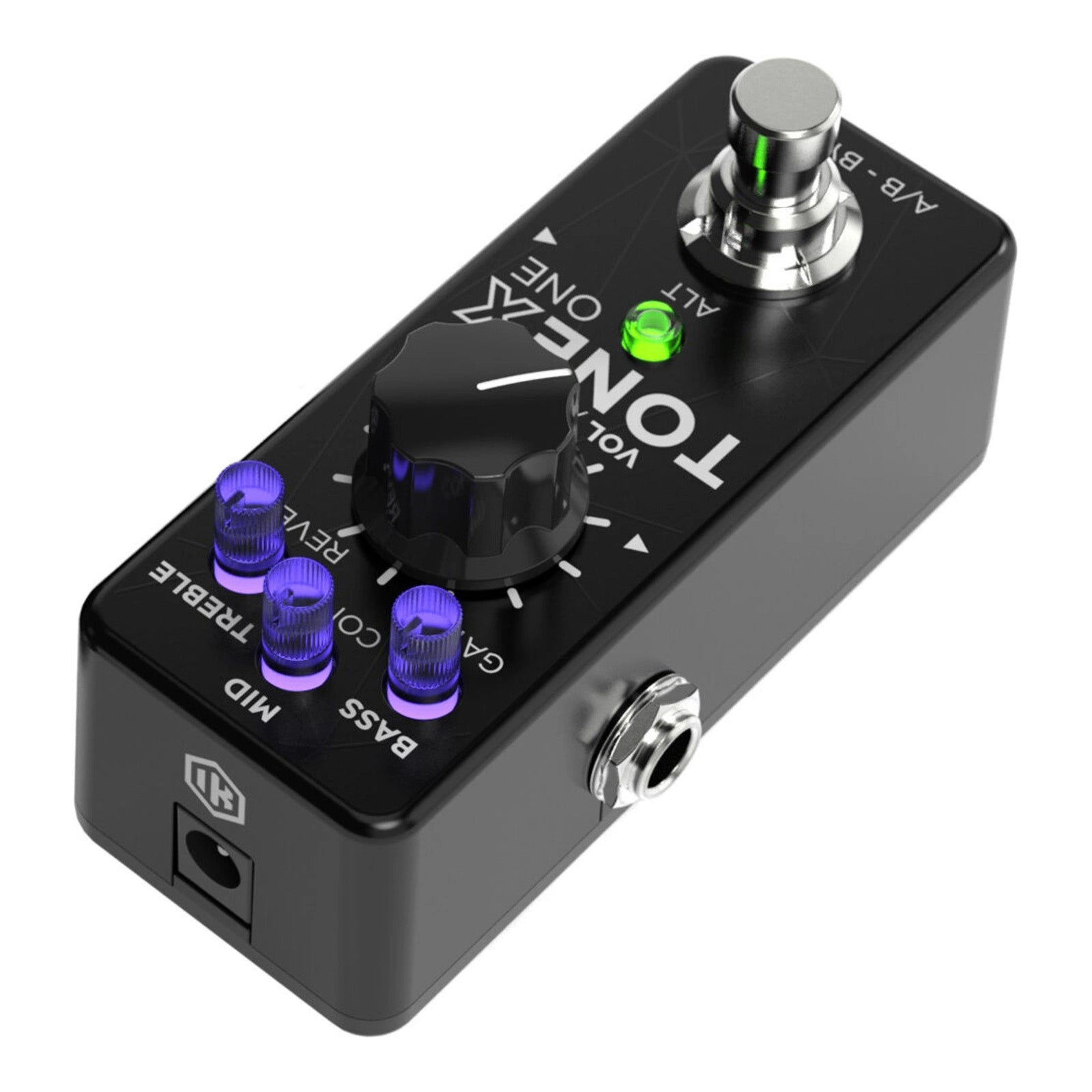 IK Multimedia TONEX ONE AI Modeling Multi-FX Pedal top angled view, displaying its footswitch, three eq control knobs, gain knob, and coloured LED indicator lights.