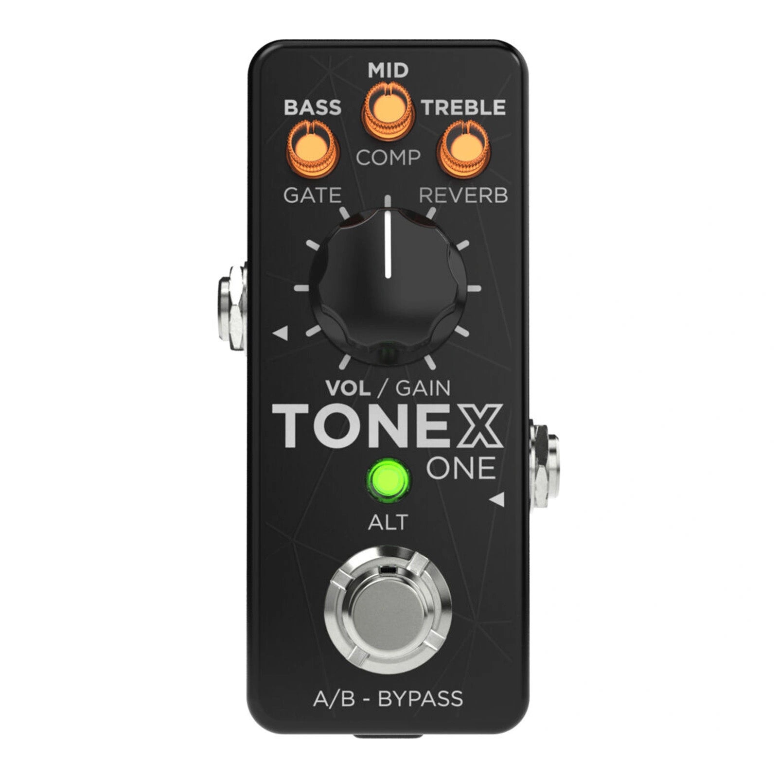 IK Multimedia TONEX ONE AI Modeling Multi-FX Pedal top angled view, displaying its footswitch, three eq control knobs, gain knob, and LED indicator lights.