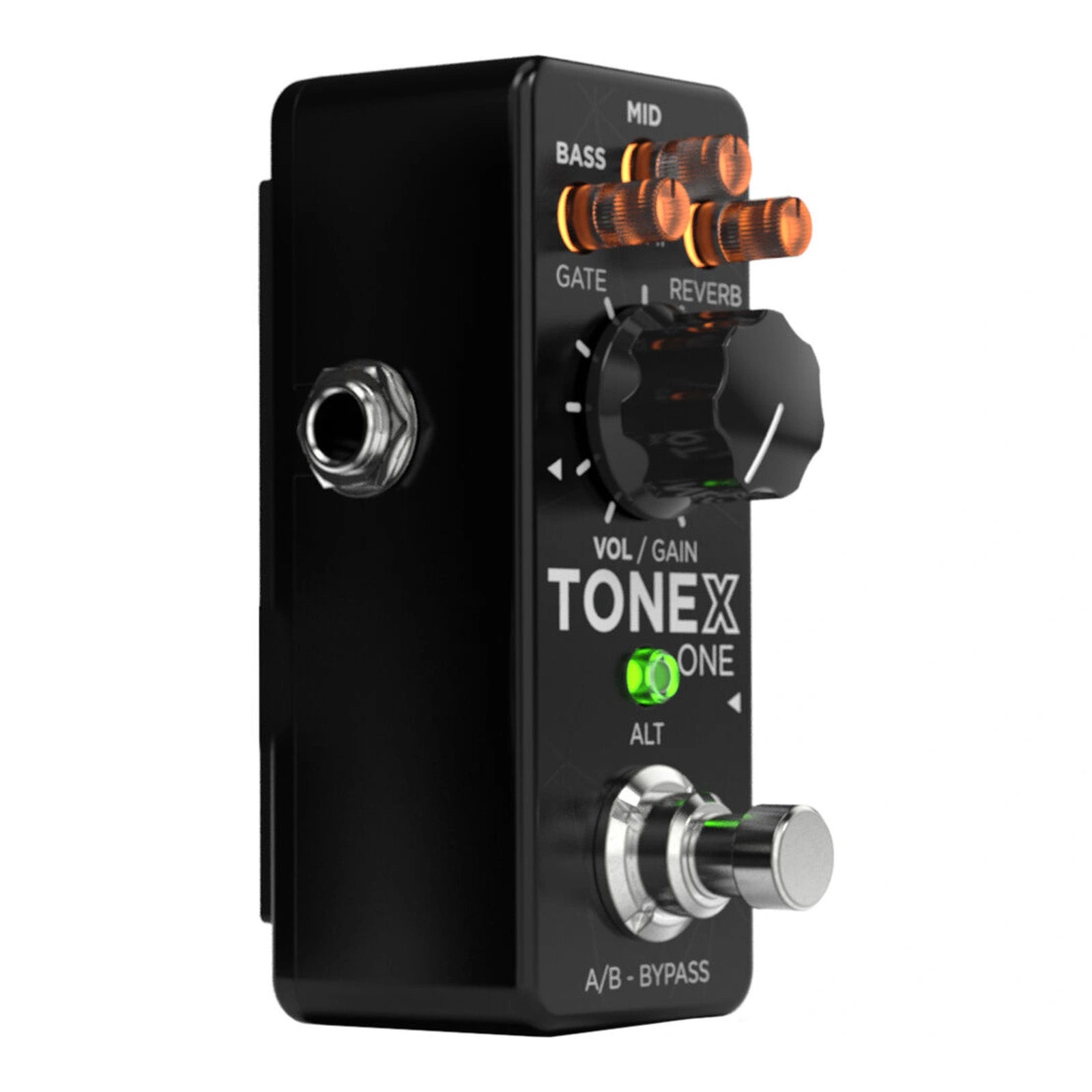 IK Multimedia TONEX ONE AI Modeling Multi-FX Pedal side view, displaying its footswitch, three eq control knobs, gain knob, and LED indicator lights.