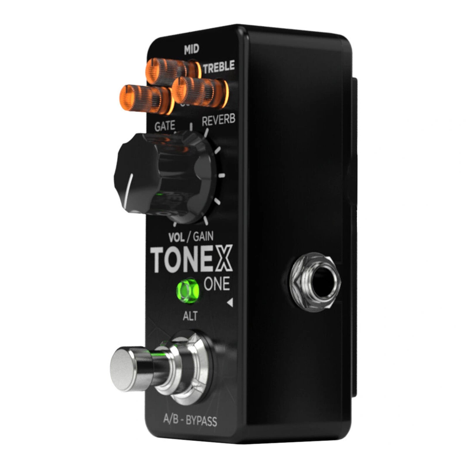 IK Multimedia TONEX ONE AI Modeling Multi-FX Pedal side view, displaying its footswitch, three eq control knobs, gain knob, and LED indicator lights.