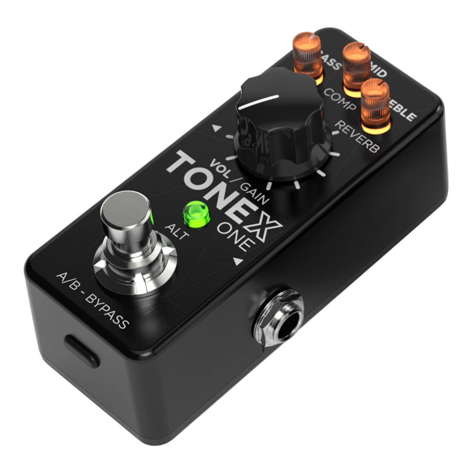 IK Multimedia TONEX ONE AI Modeling Multi-FX Pedal top angled view, displaying its footswitch, three eq control knobs, gain knob, and LED indicator lights.