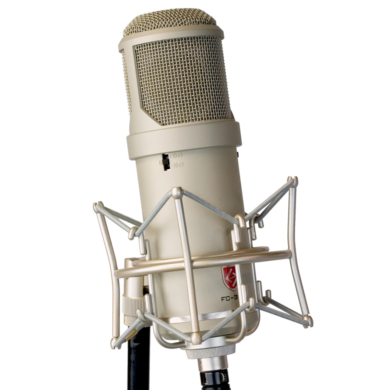 Lauten Audio Atlantis FC-387 Large-Diaphragm FET Condenser Microphone angled front view mounted in its shockmount on a microphone stand, showing the gain control switch.