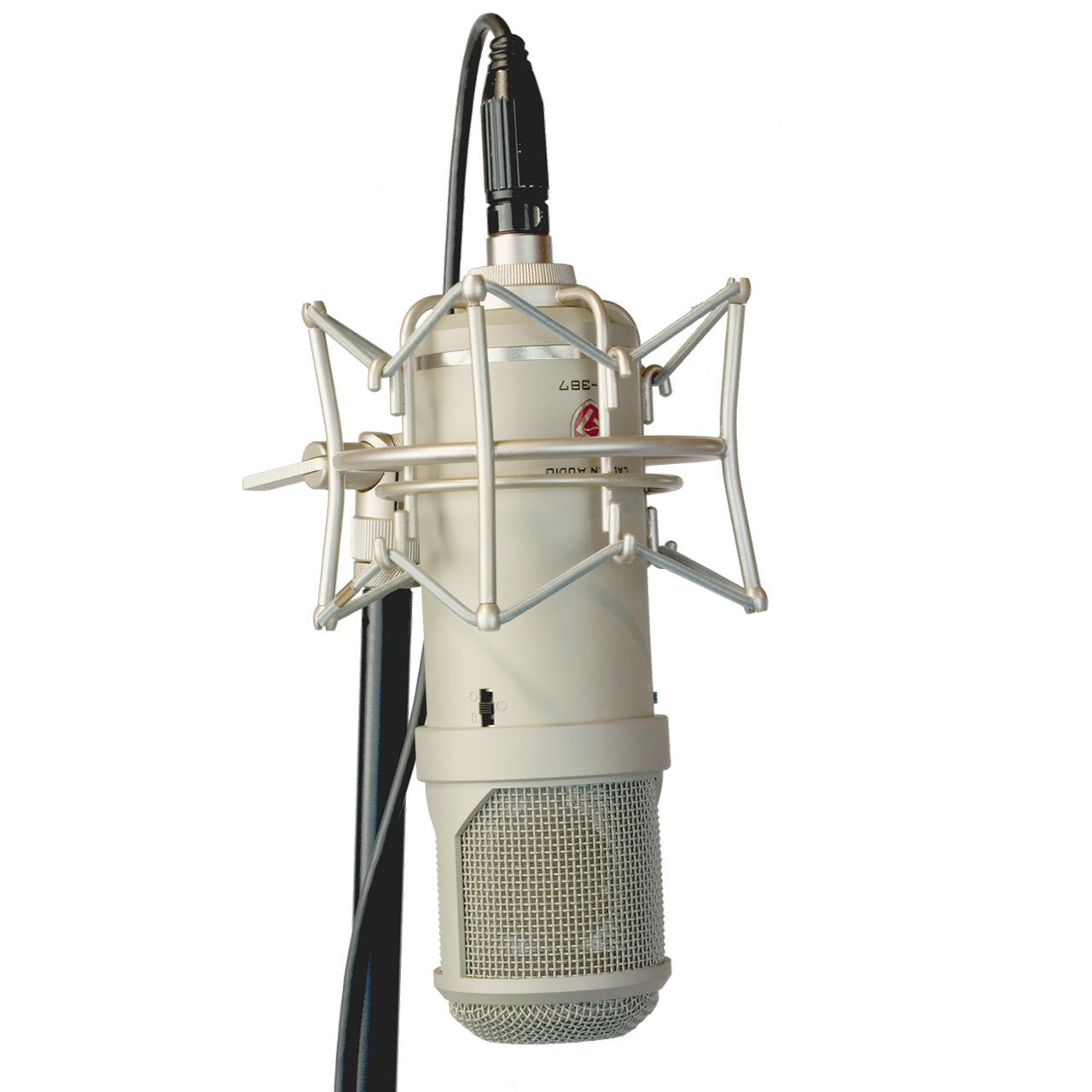 Lauten Audio Atlantis FC-387 Large-Diaphragm FET Condenser Microphone angled front view mounted in its shockmount on a microphone stand, showing the polar pattern selector switch.